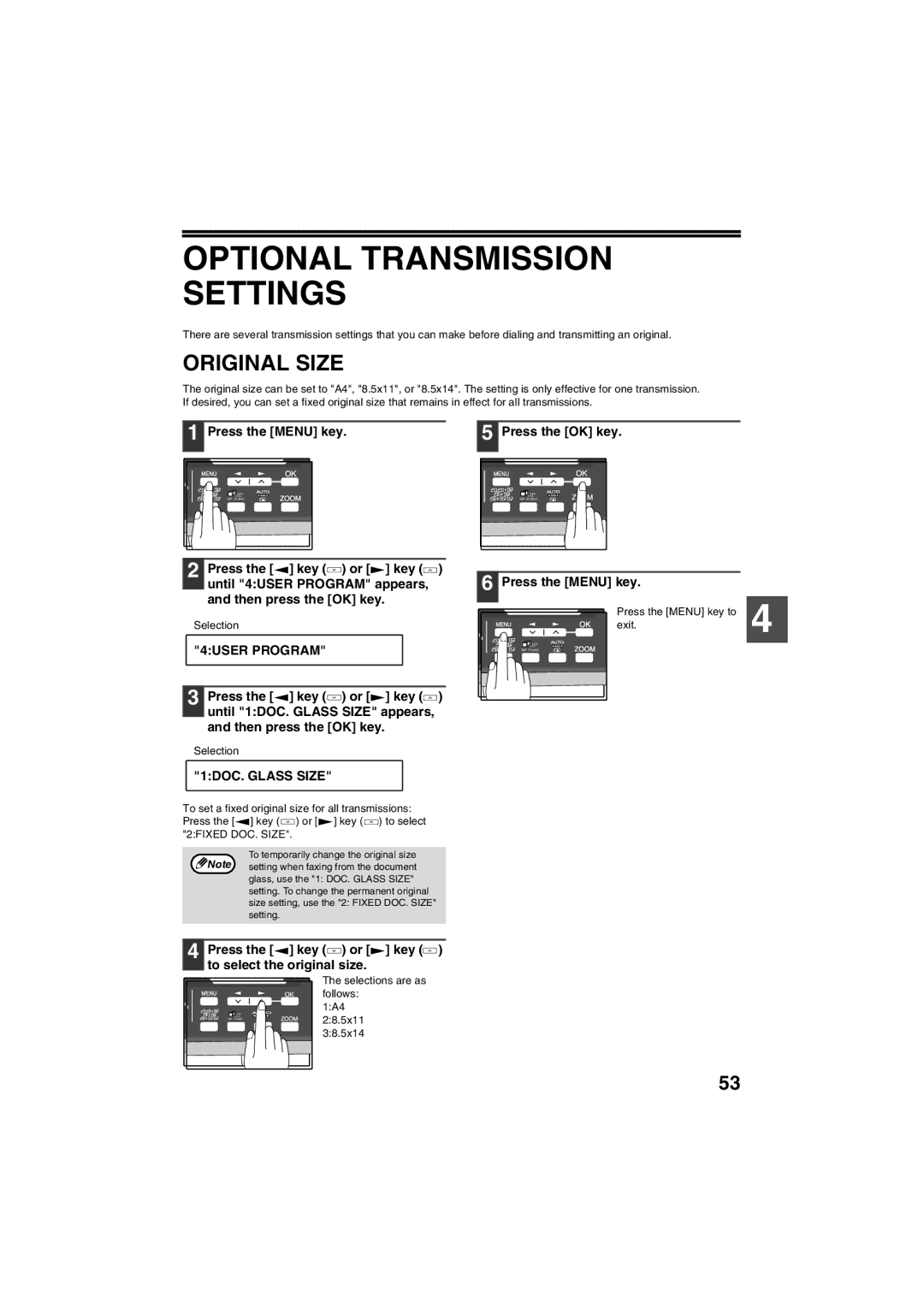 Sharp AR-FX13 appendix Optional Transmission Settings, Original Size, 1DOC. Glass Size 