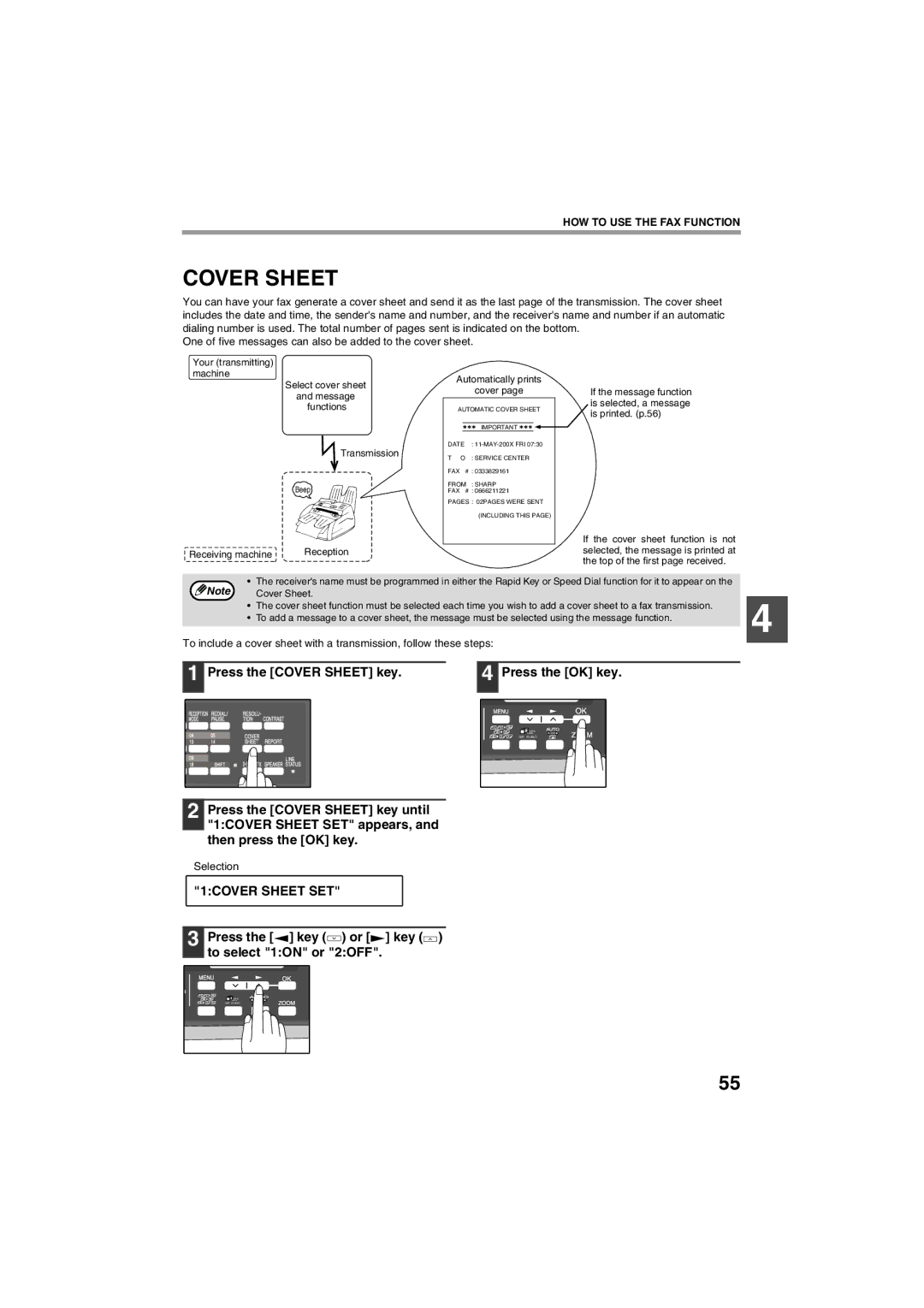 Sharp AR-FX13 appendix Press the Cover Sheet key Press the OK key, 1COVER Sheet SET 