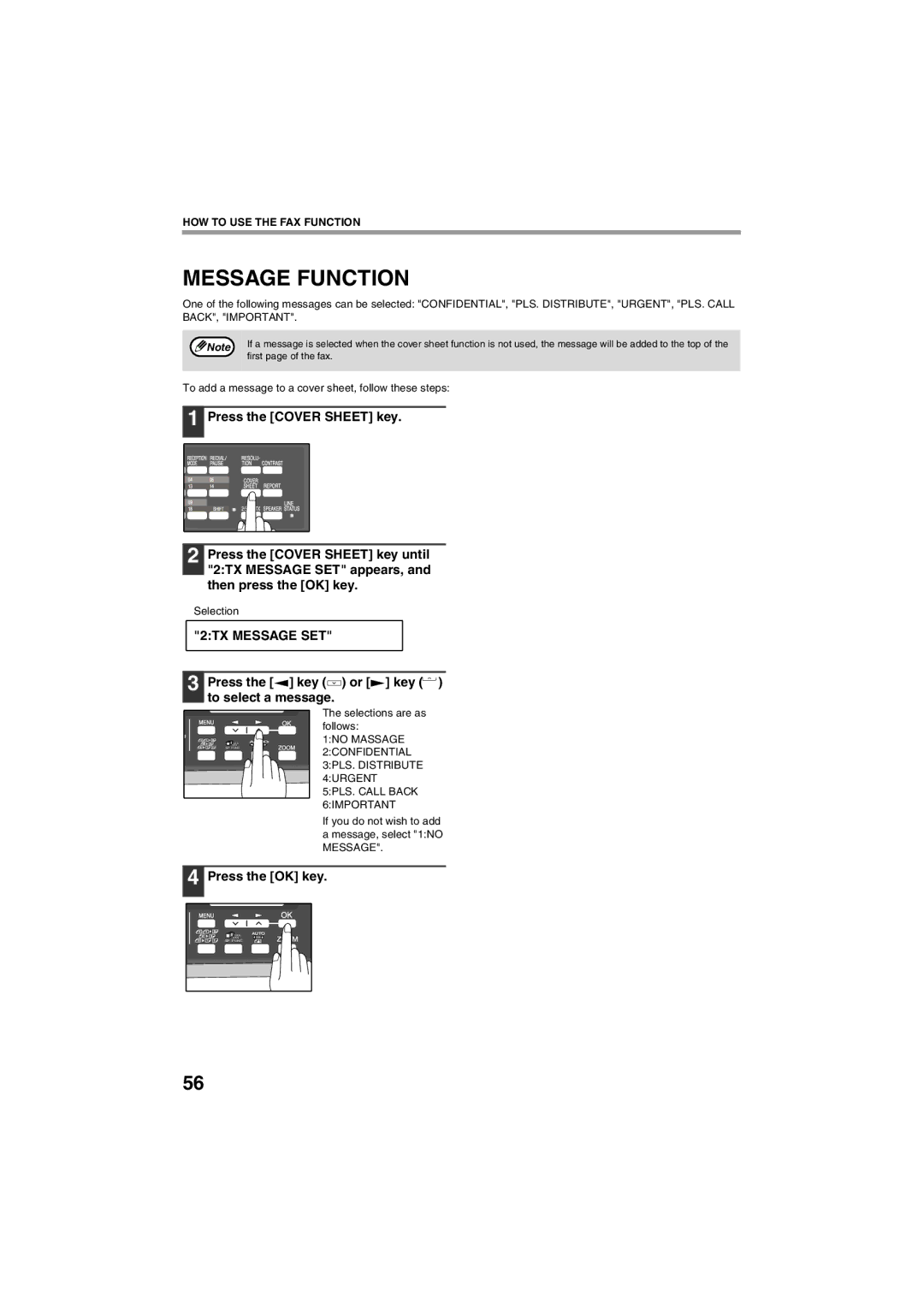 Sharp AR-FX13 appendix Message Function, 2TX Message SET, Press the key or key to select a message 