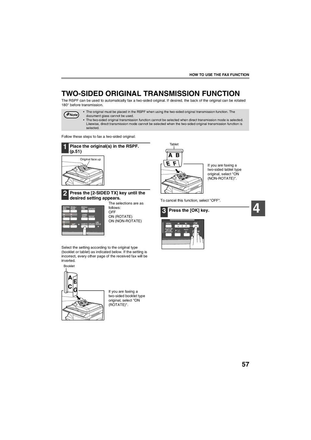 Sharp AR-FX13 appendix TWO-SIDED Original Transmission Function, Place the originals in the Rspf 