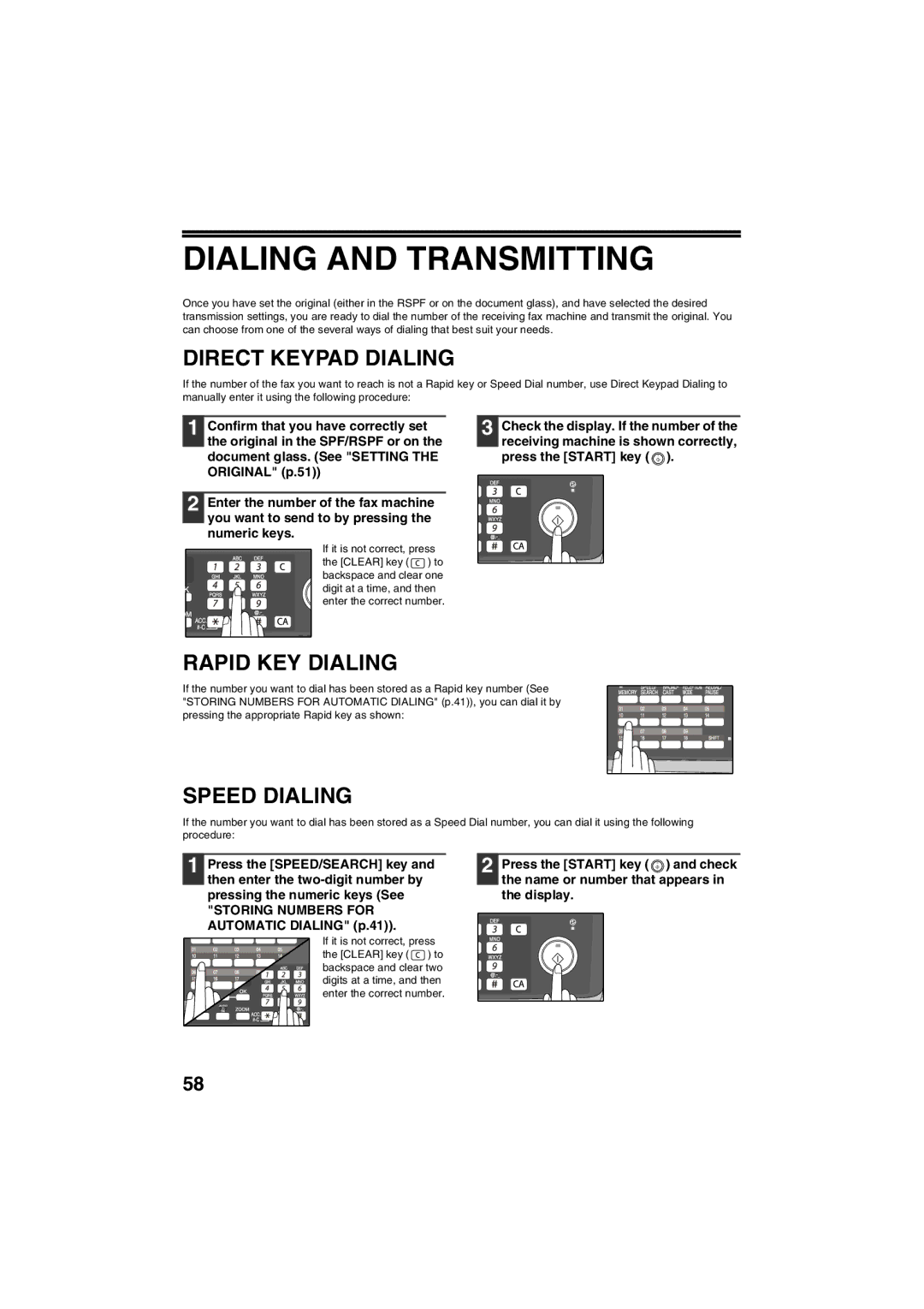 Sharp AR-FX13 appendix Dialing and Transmitting, Direct Keypad Dialing, Rapid KEY Dialing, Speed Dialing 