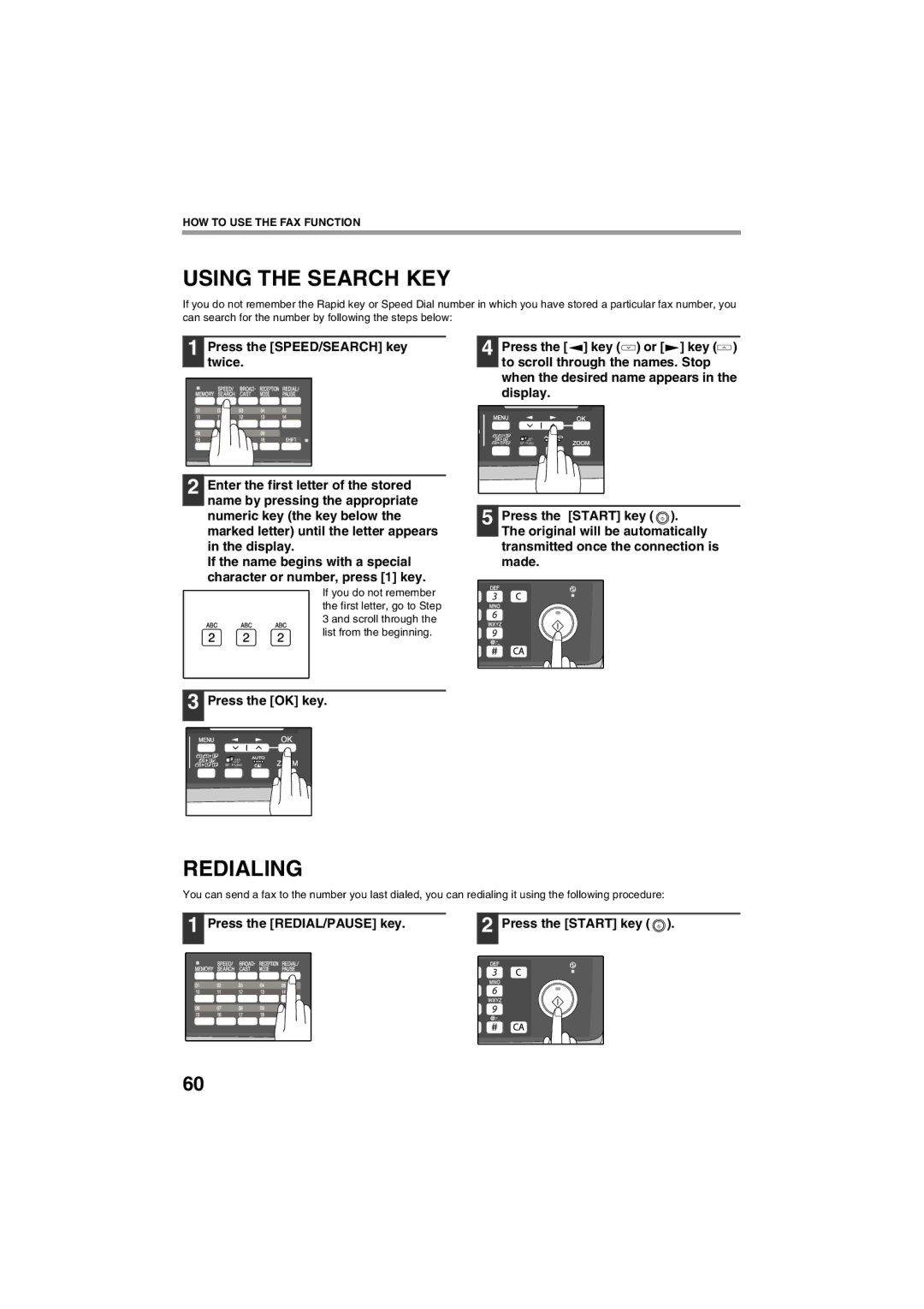 Sharp AR-FX13 appendix Using the Search KEY, Redialing, Press the REDIAL/PAUSE key Press the Start key 