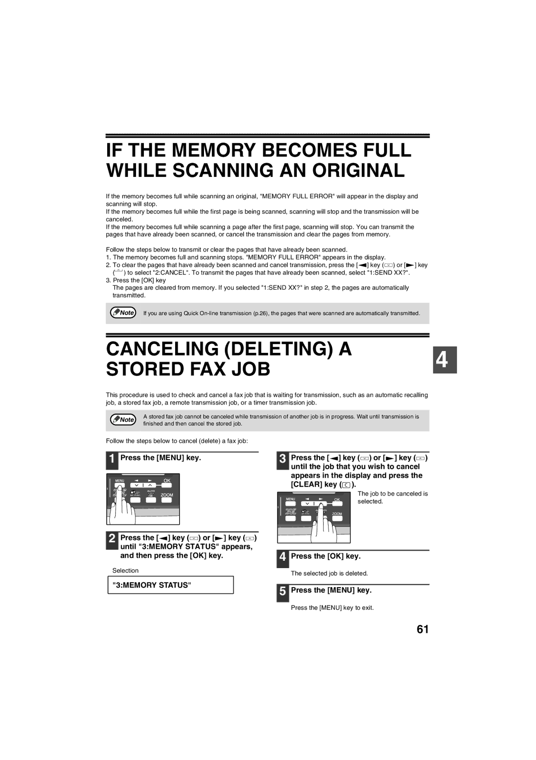 Sharp AR-FX13 If the Memory Becomes Full While Scanning AN Original, Canceling Deleting a Stored FAX JOB, 3MEMORY Status 