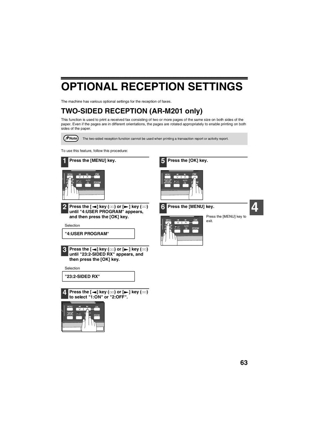 Sharp AR-FX13 appendix Optional Reception Settings, Sided RX Press the key or key to select 1ON or 2OFF 