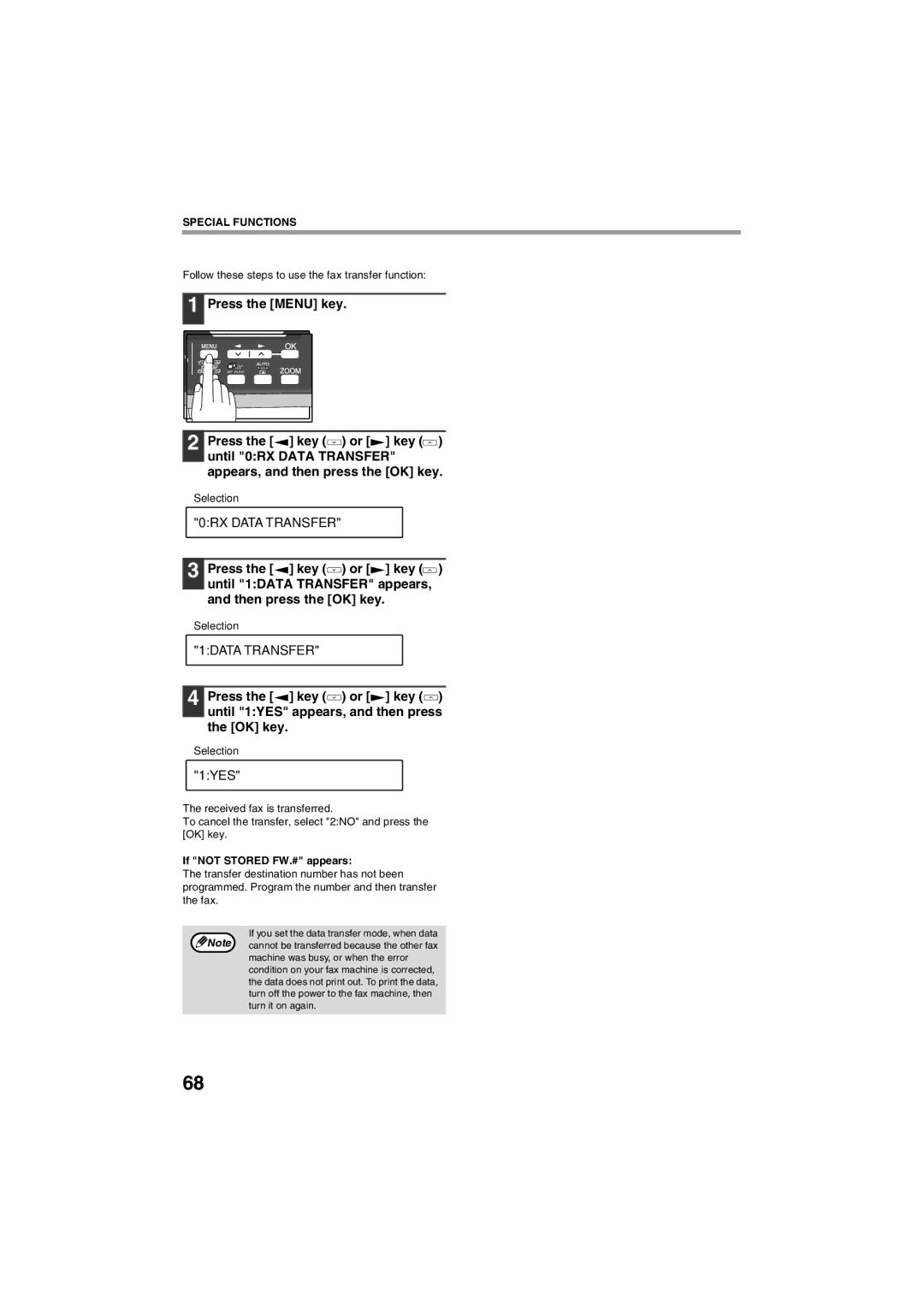 Sharp AR-FX13 1DATA Transfer, 1YES, Follow these steps to use the fax transfer function, If not Stored FW.# appears 