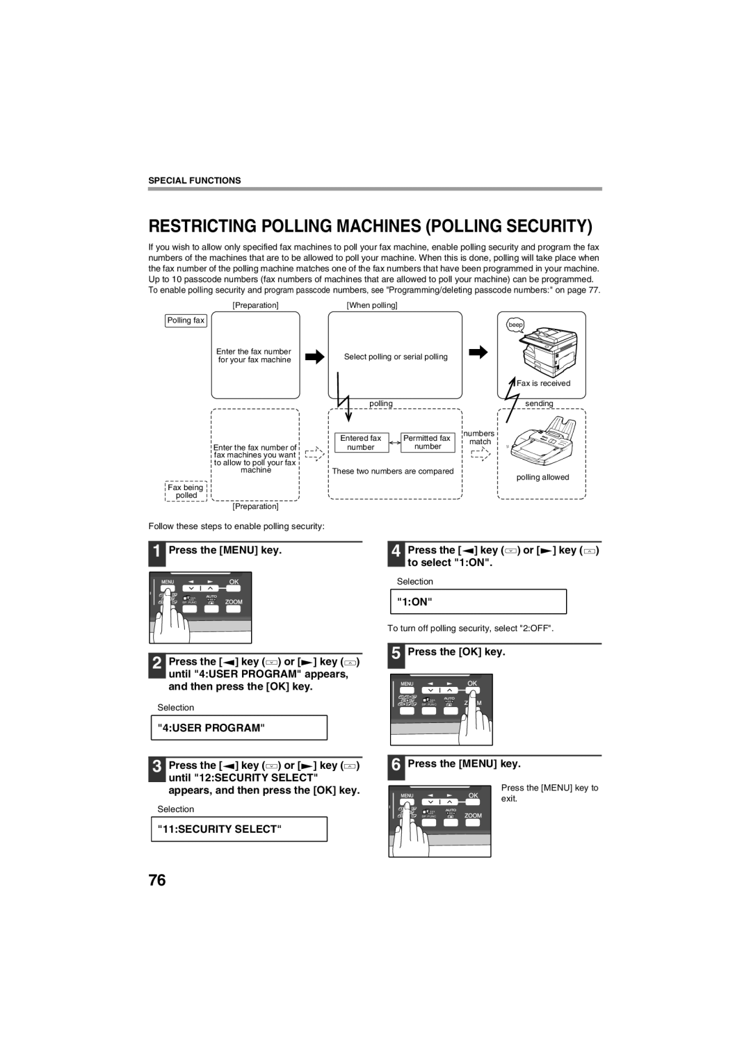 Sharp AR-FX13 appendix Restricting Polling Machines Polling Security, Press the key or key to select 1ON, 11SECURITY Select 