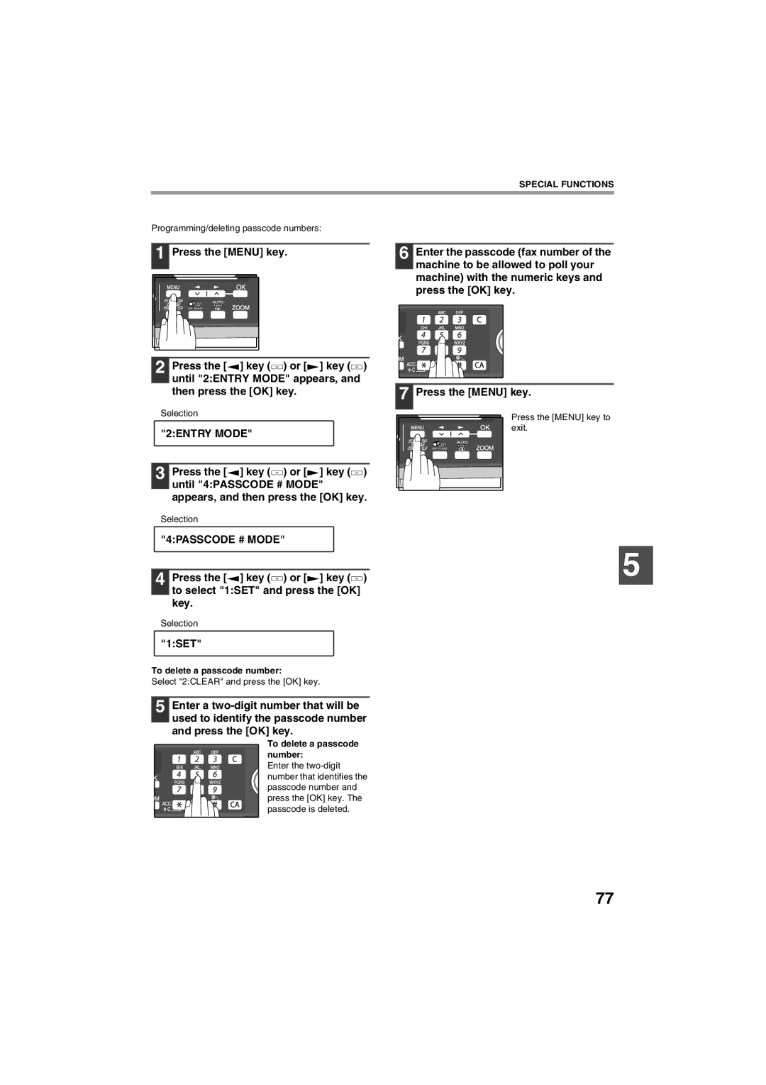 Sharp AR-FX13 appendix 4PASSCODE # Mode, Programming/deleting passcode numbers, To delete a passcode number 