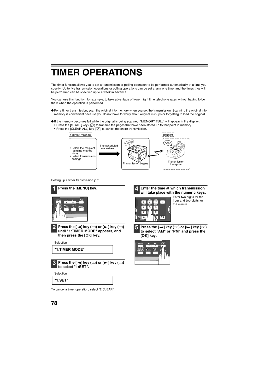 Sharp AR-FX13 appendix Timer Operations, 1TIMER Mode, Press the key or key to select 1SET 