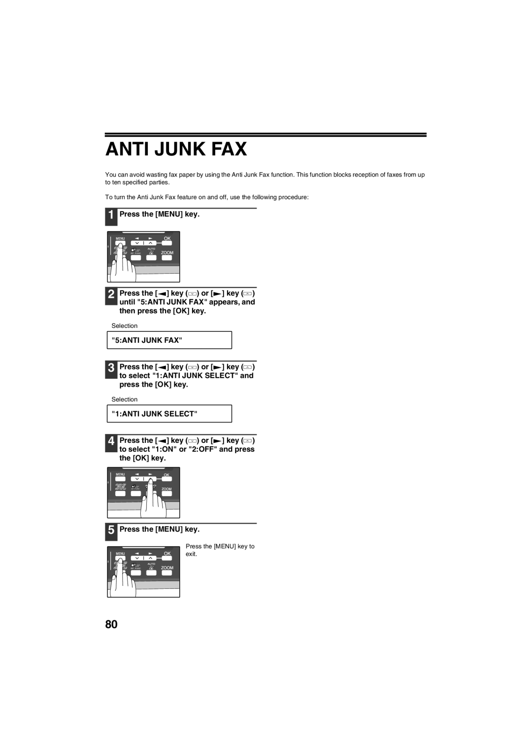 Sharp AR-FX13 appendix Anti Junk FAX, 5ANTI Junk FAX, 1ANTI Junk Select 