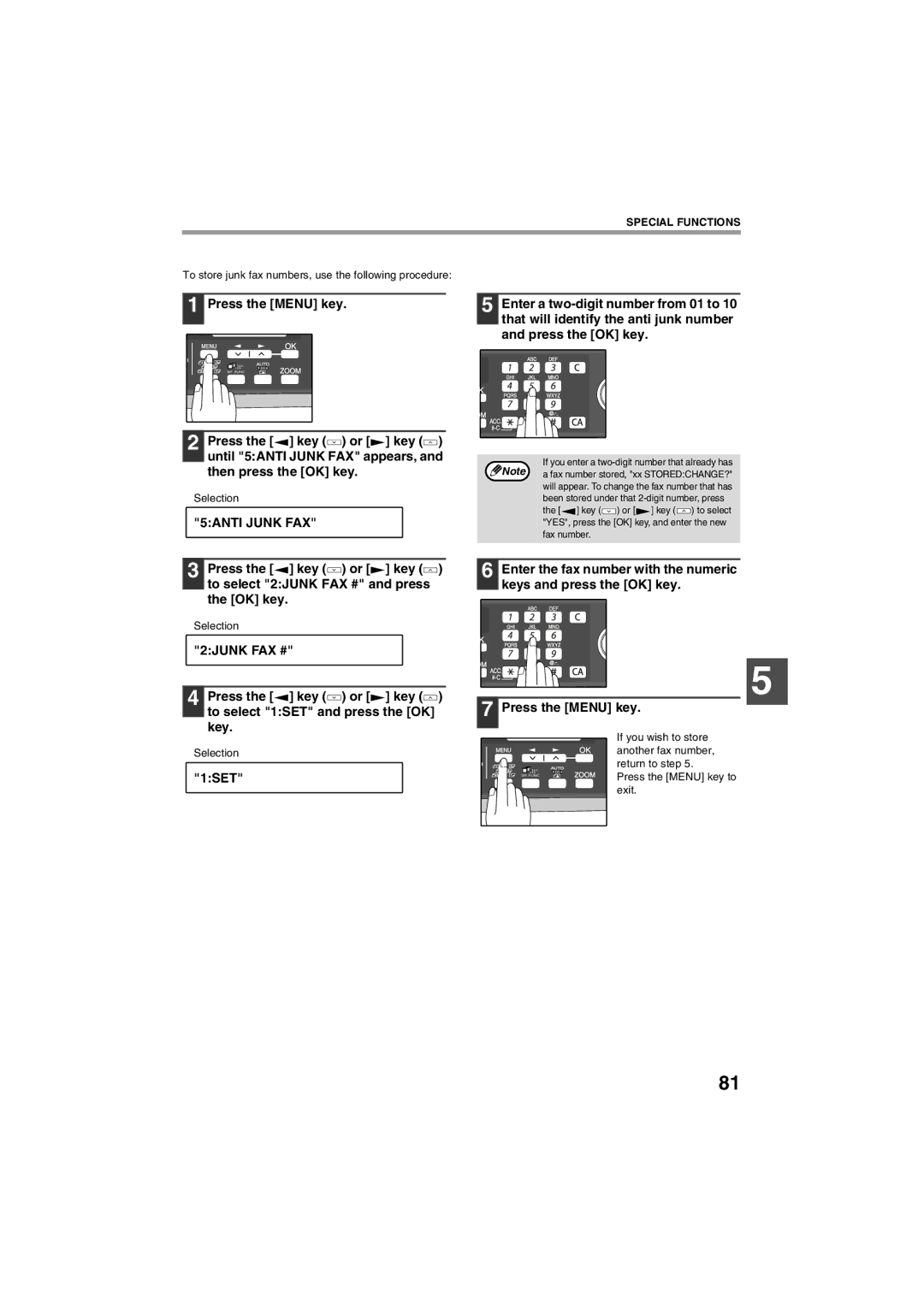 Sharp AR-FX13 appendix To store junk fax numbers, use the following procedure 