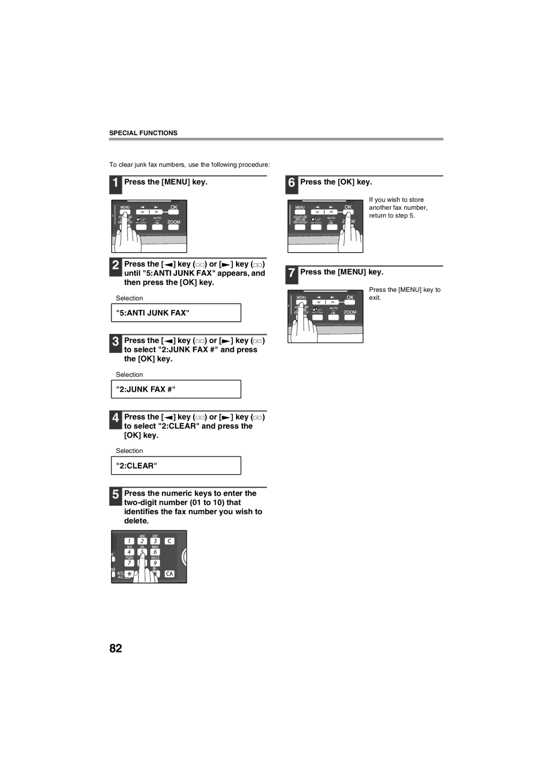 Sharp AR-FX13 appendix 2CLEAR, To clear junk fax numbers, use the following procedure 