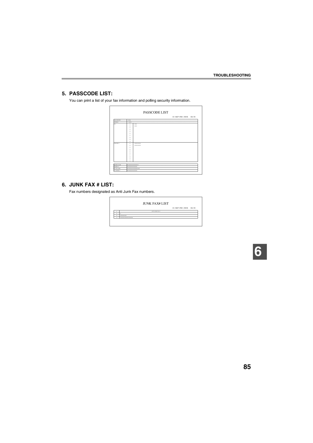 Sharp AR-FX13 appendix Passcode List, Fax numbers designated as Anti Junk Fax numbers 