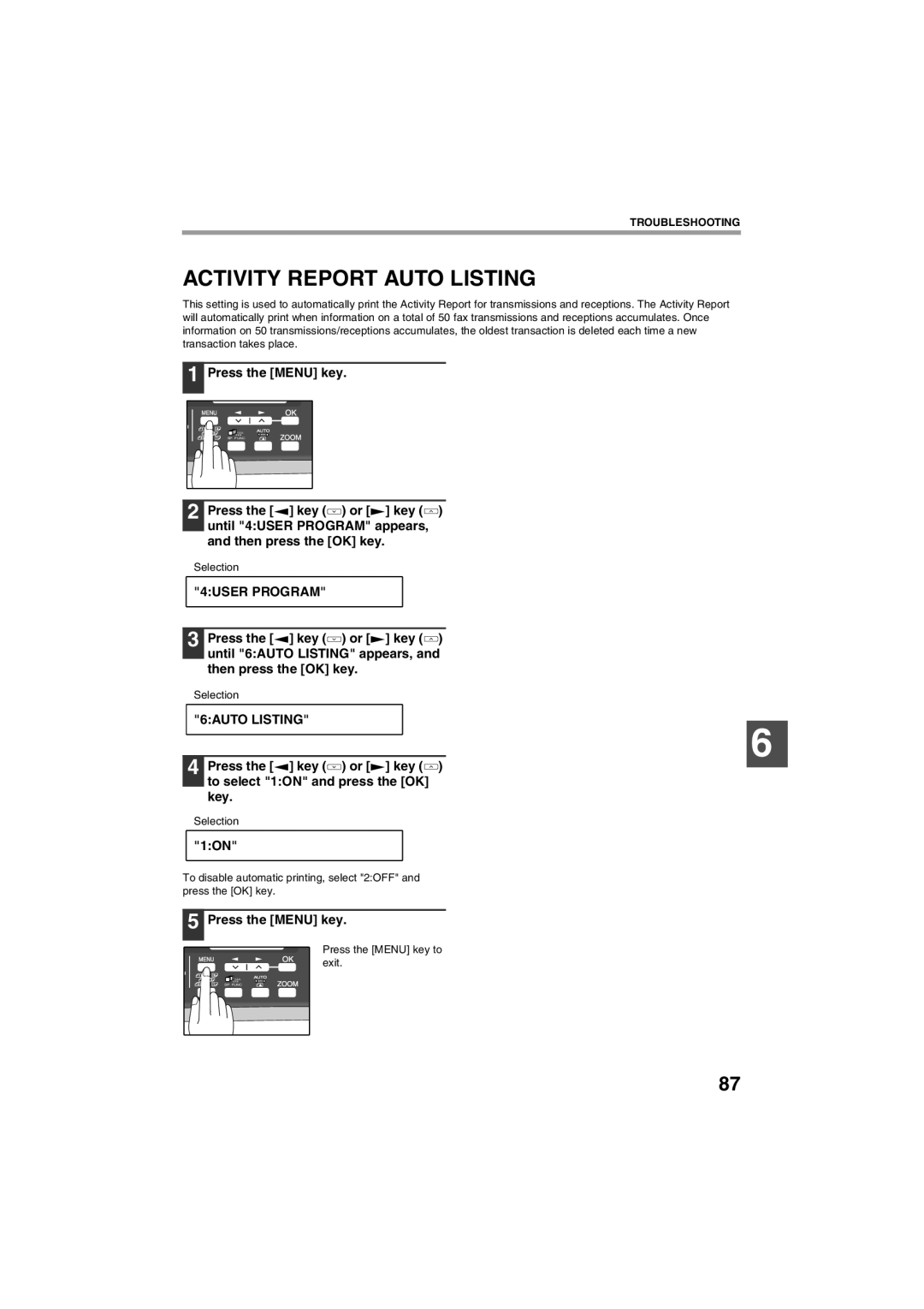 Sharp AR-FX13 appendix Activity Report Auto Listing, 6AUTO Listing, Press the key or key to select 1ON and press the OK key 