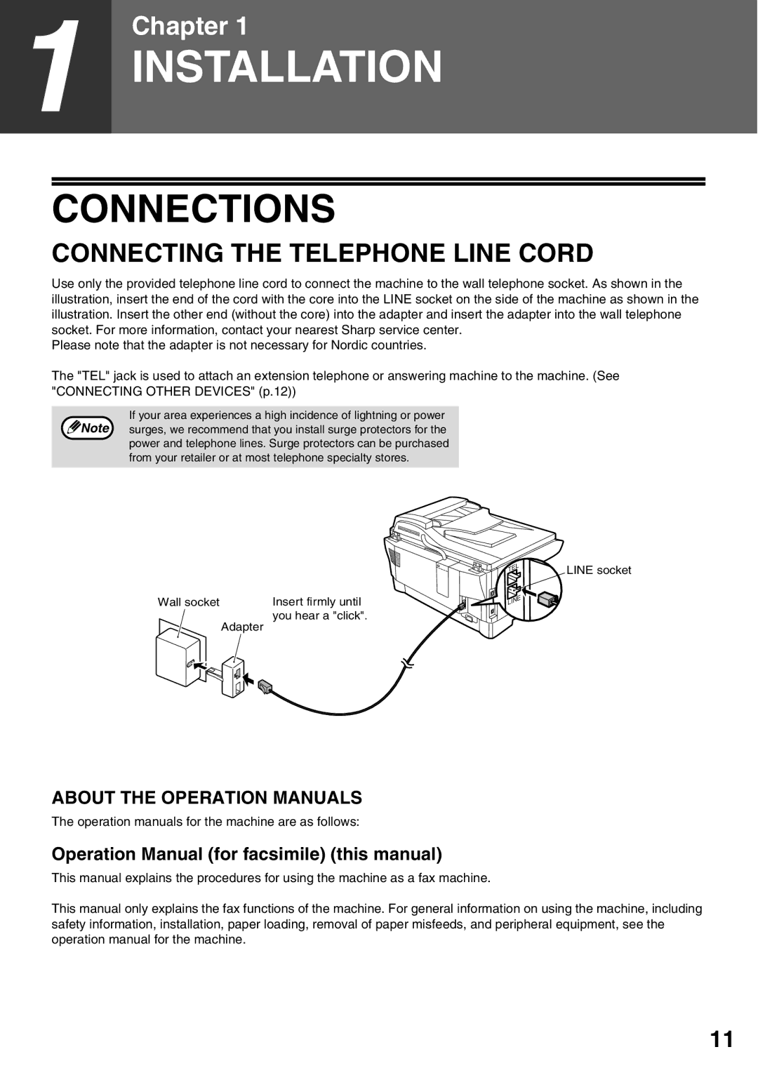 Sharp AR-FX9 manual Connections, Connecting the Telephone Line Cord, Wall socket, You hear a click Adapter 