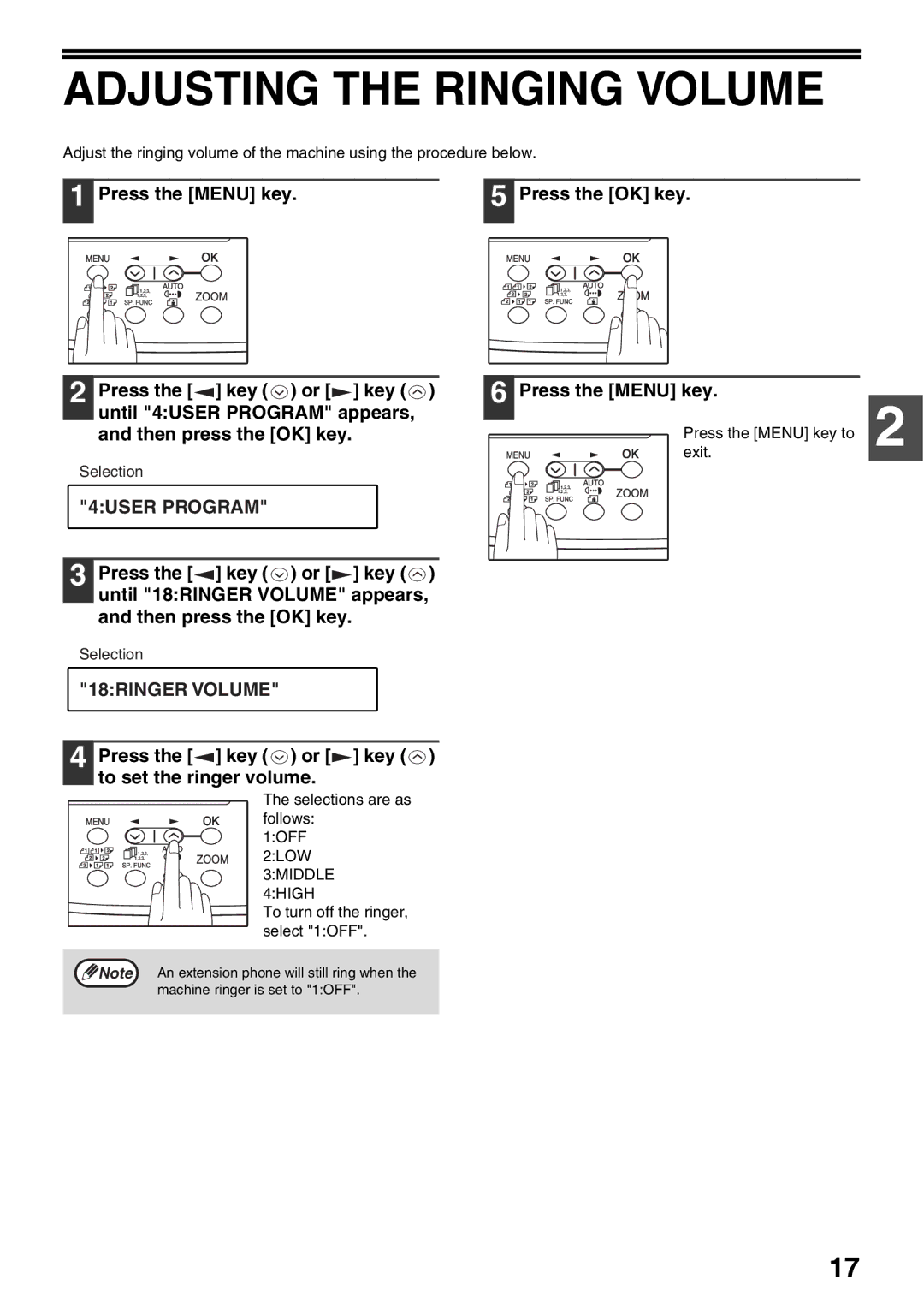 Sharp AR-FX9 Adjusting the Ringing Volume, 4USER Program, 18RINGER Volume, Press the key or key to set the ringer volume 