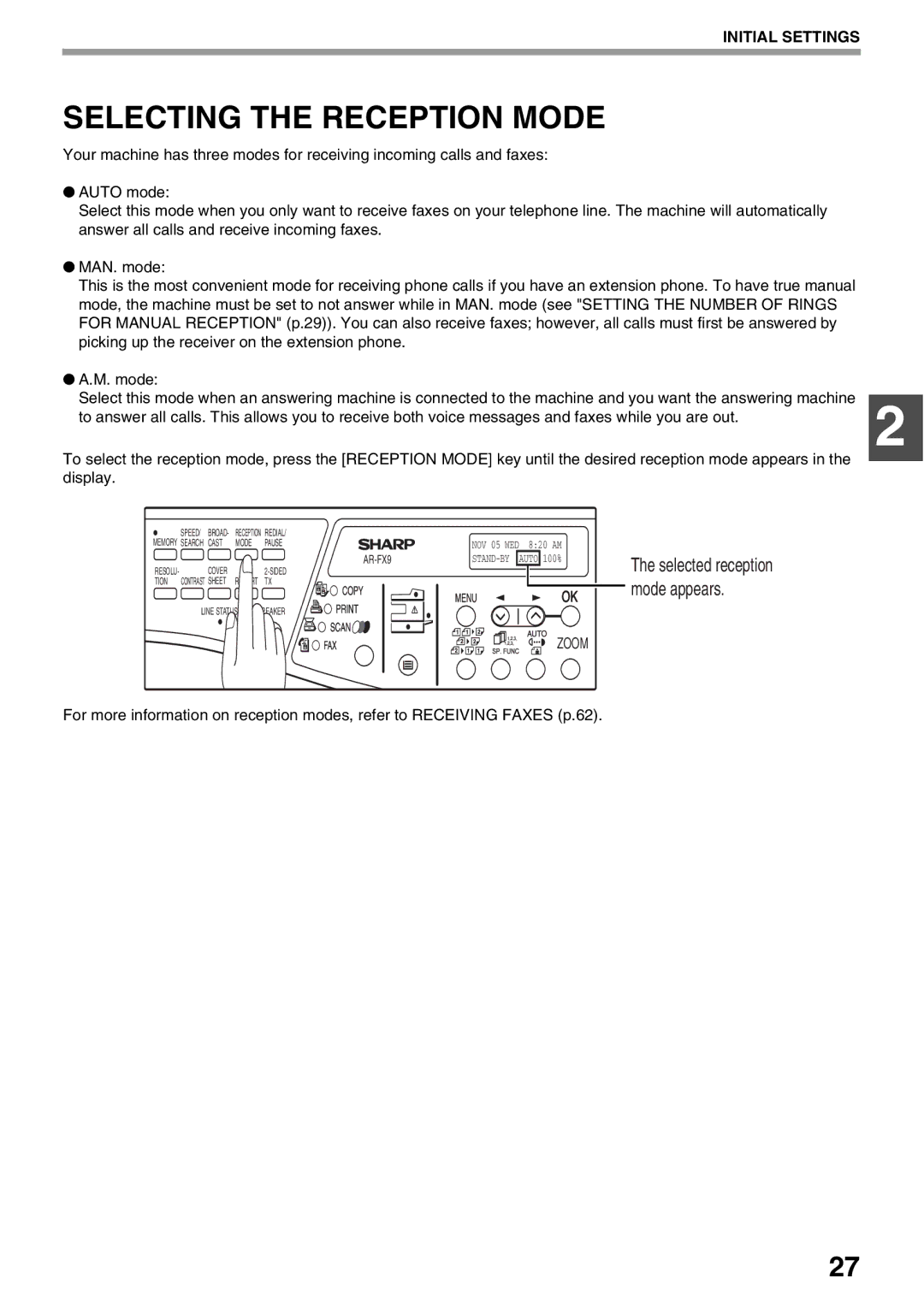 Sharp AR-FX9 manual Selecting the Reception Mode 