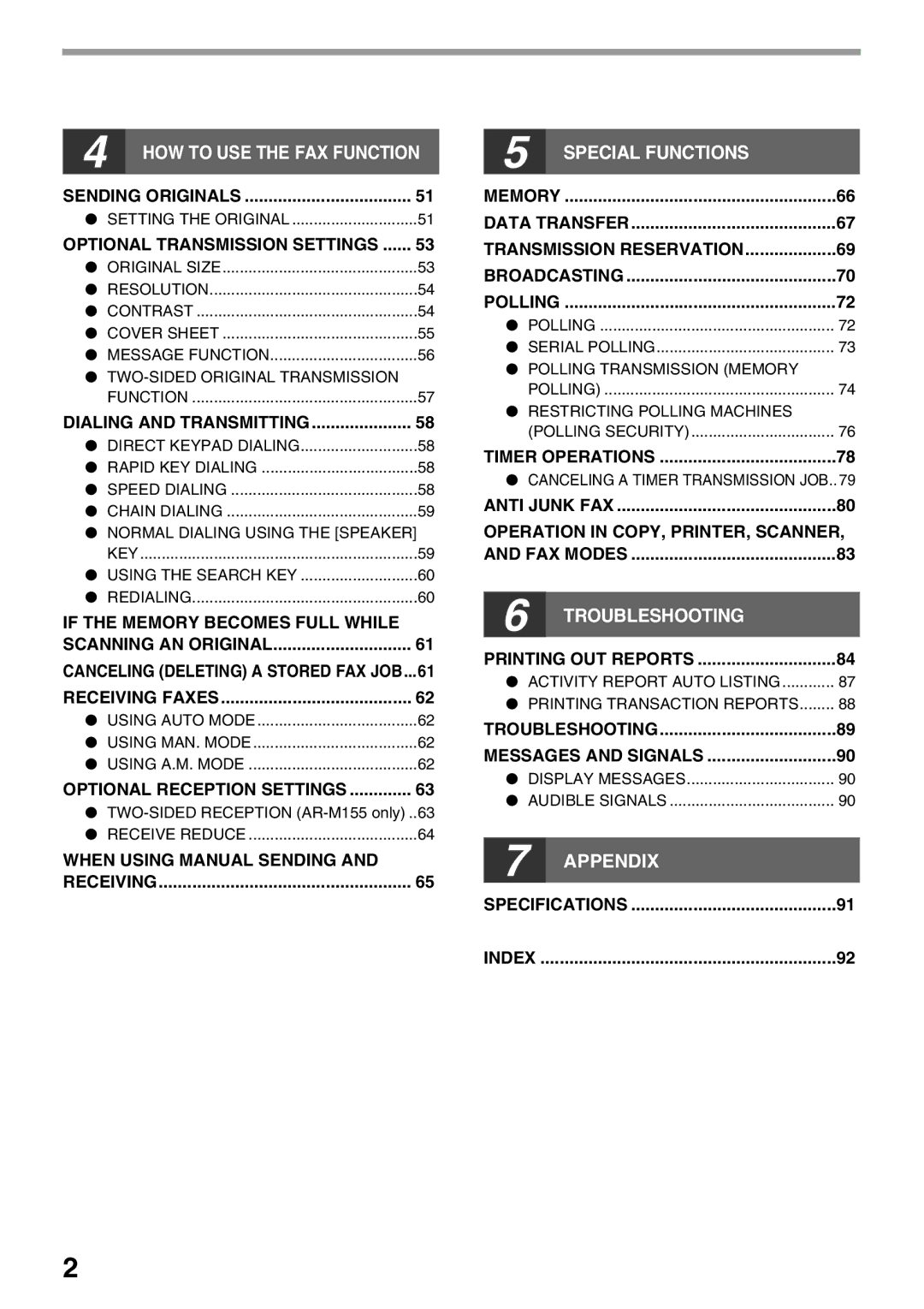 Sharp AR-FX9 manual Receiving, Broadcasting, Polling Serial Polling, Anti Junk FAX, FAX Modes, Messages and Signals 