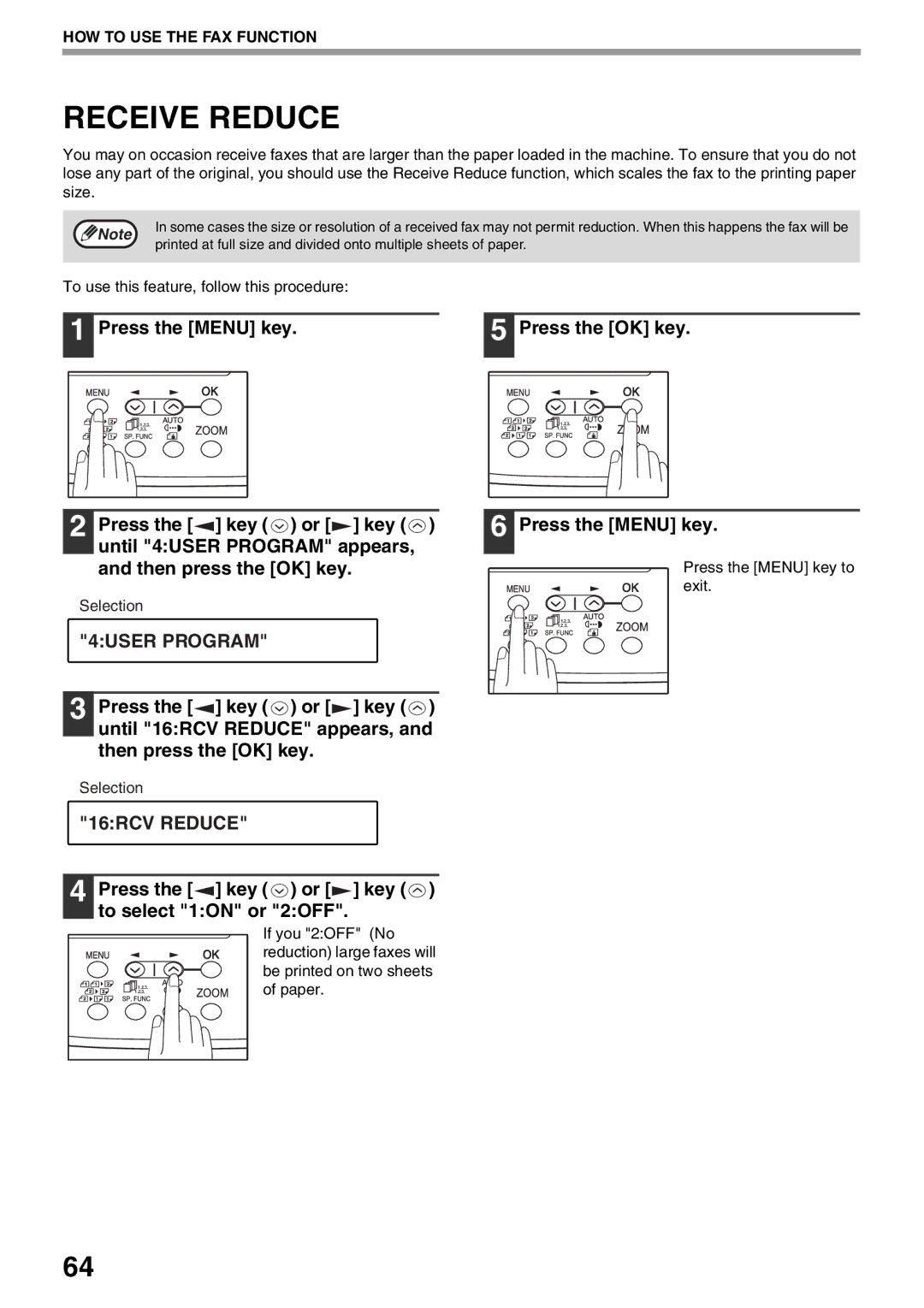 Sharp AR-FX9 manual Receive Reduce, 16RCV Reduce, If you 2OFF, Be printed on two sheets, Paper 