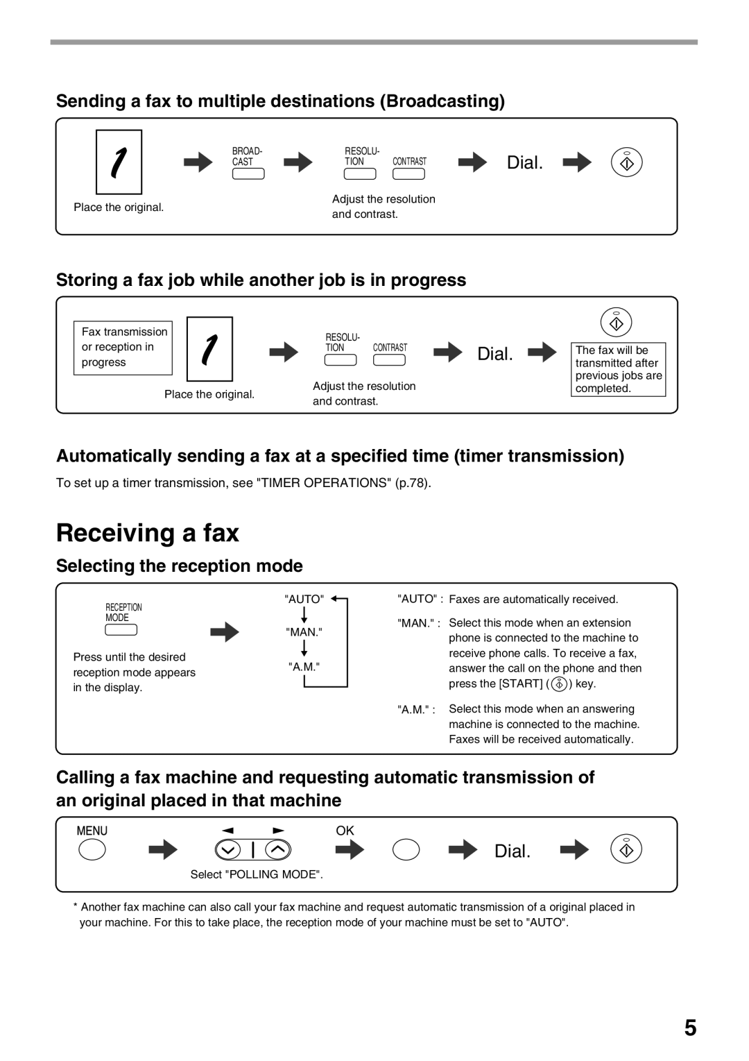 Sharp AR-FX9 manual Sending a fax to multiple destinations Broadcasting, Storing a fax job while another job is in progress 