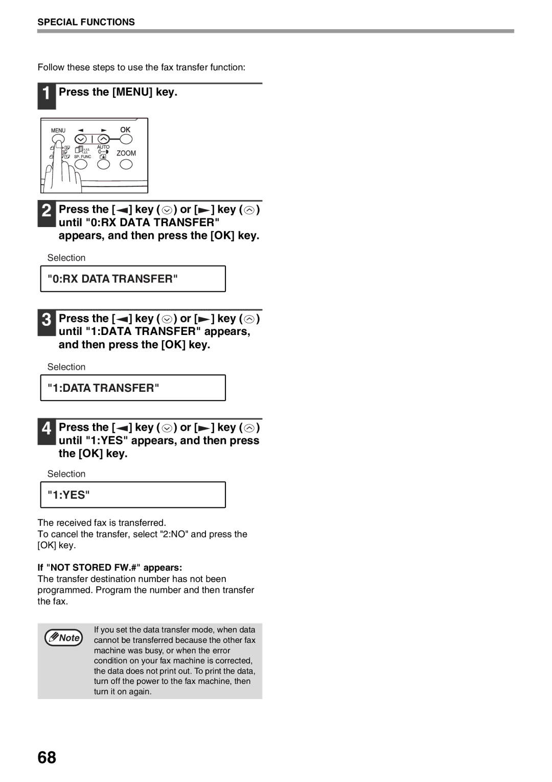 Sharp AR-FX9 manual 1DATA Transfer, 1YES, Special Functions, Follow these steps to use the fax transfer function 