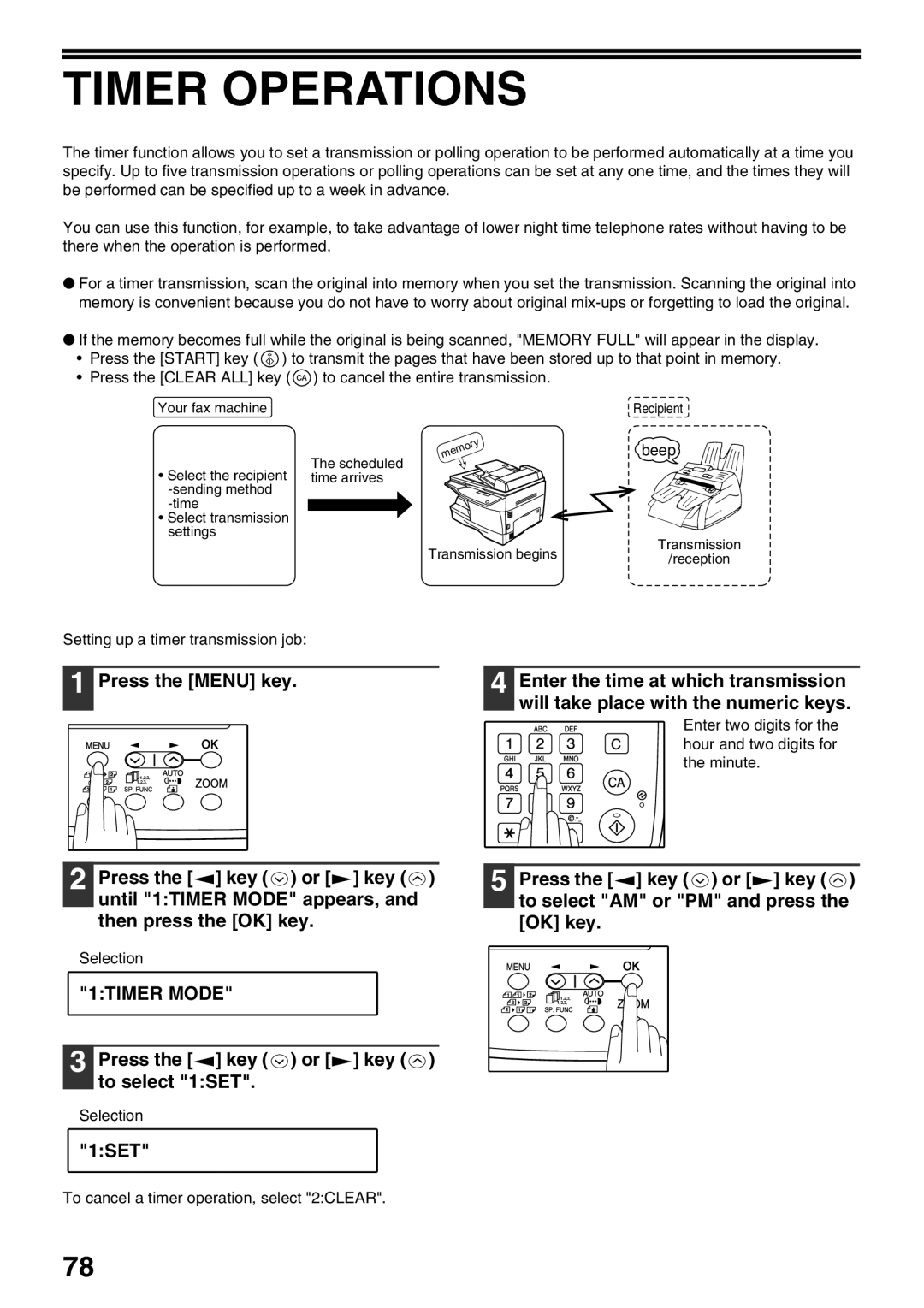 Sharp AR-FX9 manual Timer Operations, 1TIMER Mode, Press the key or key to select 1SET 