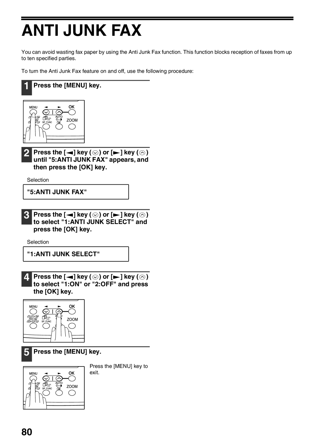 Sharp AR-FX9 manual Anti Junk FAX, 5ANTI Junk FAX, 1ANTI Junk Select 