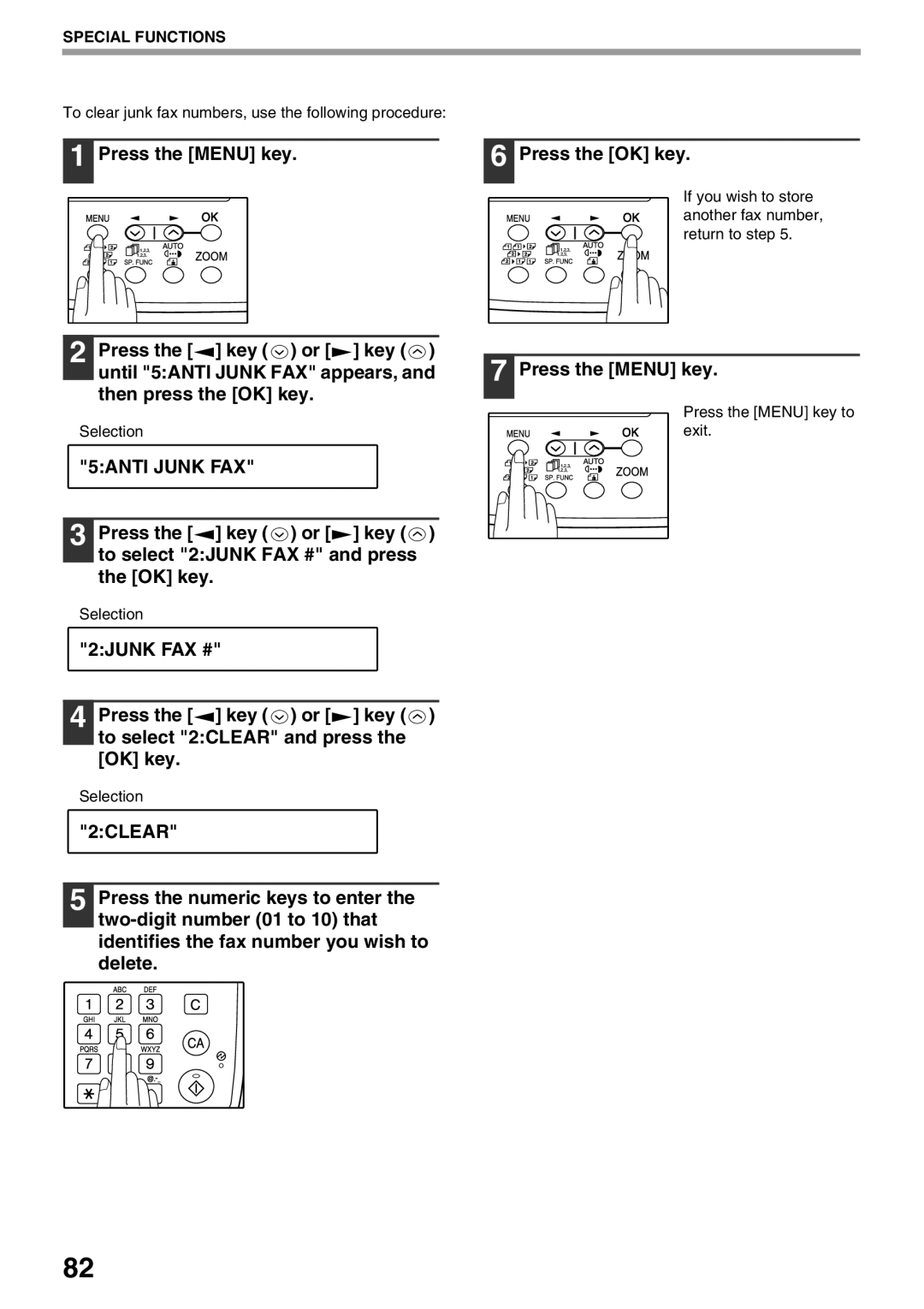 Sharp AR-FX9 manual To clear junk fax numbers, use the following procedure 