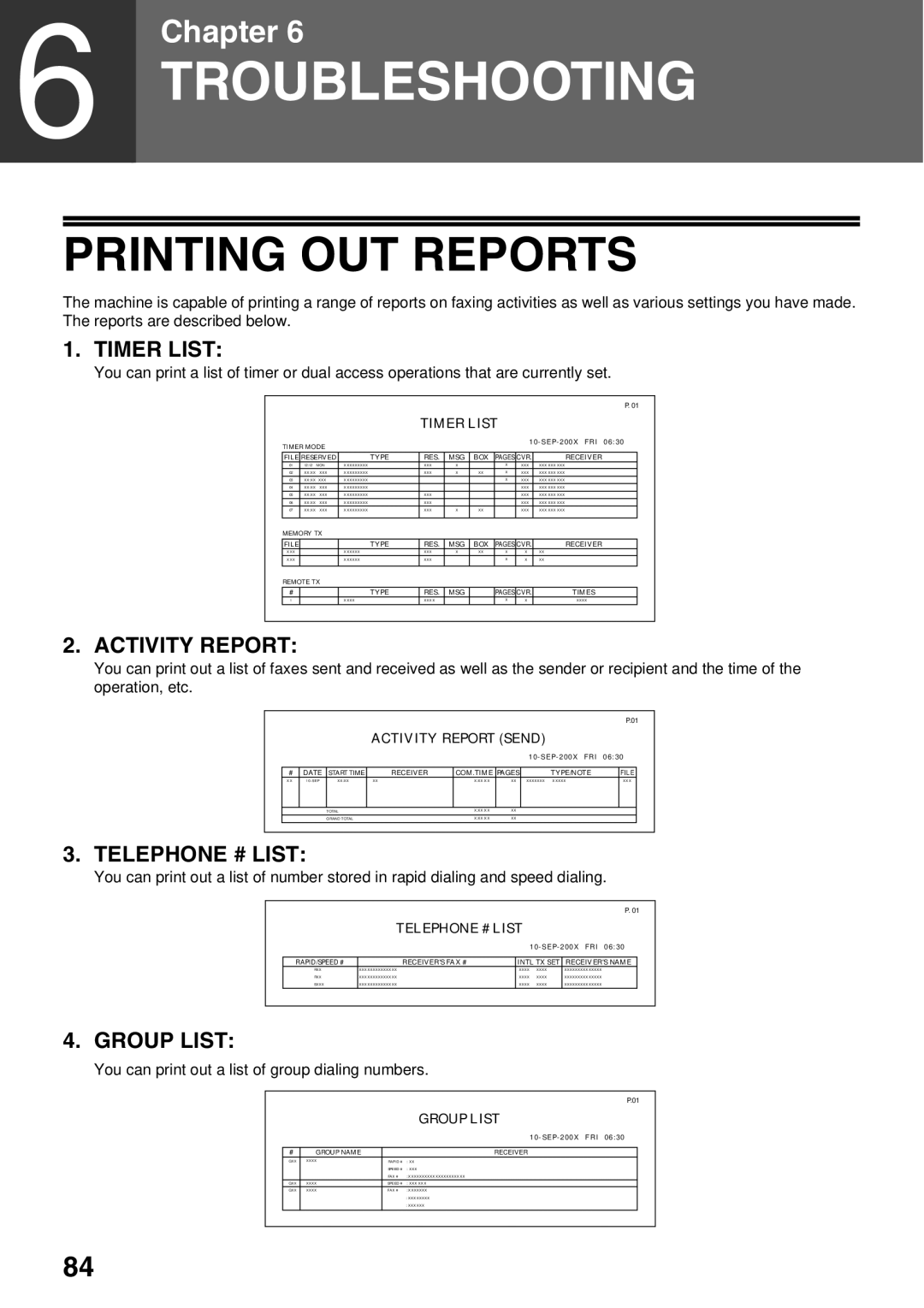 Sharp AR-FX9 manual Printing OUT Reports, You can print out a list of group dialing numbers 