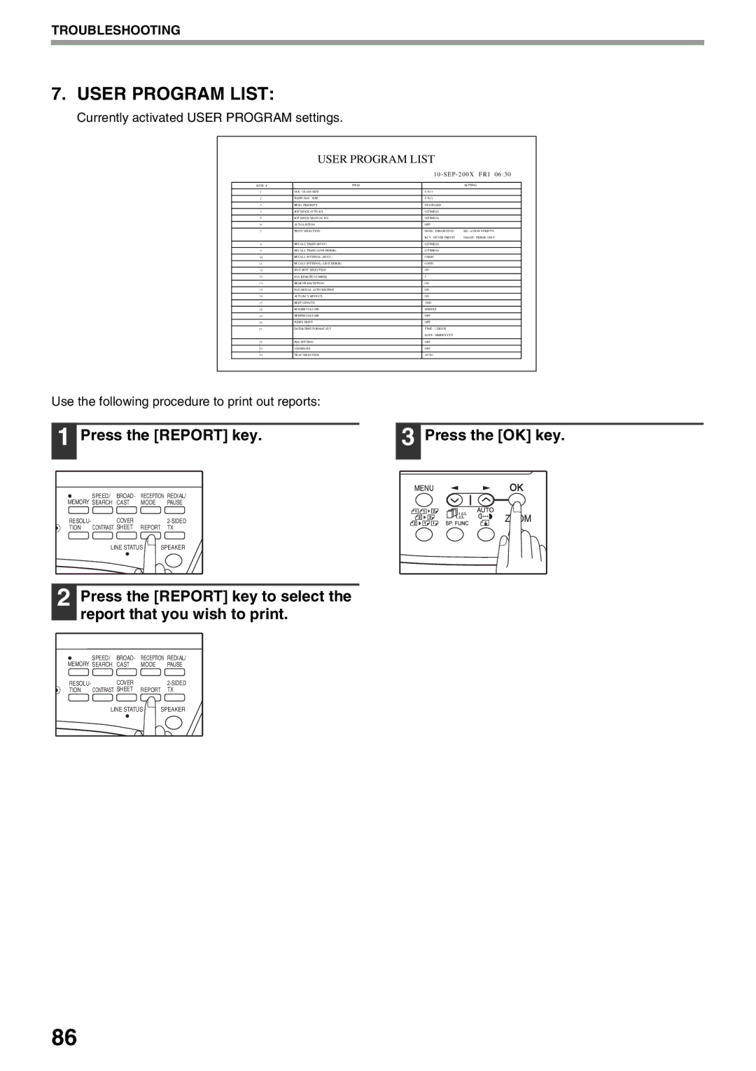 Sharp AR-FX9 manual Press the Report key, Currently activated User Program settings 