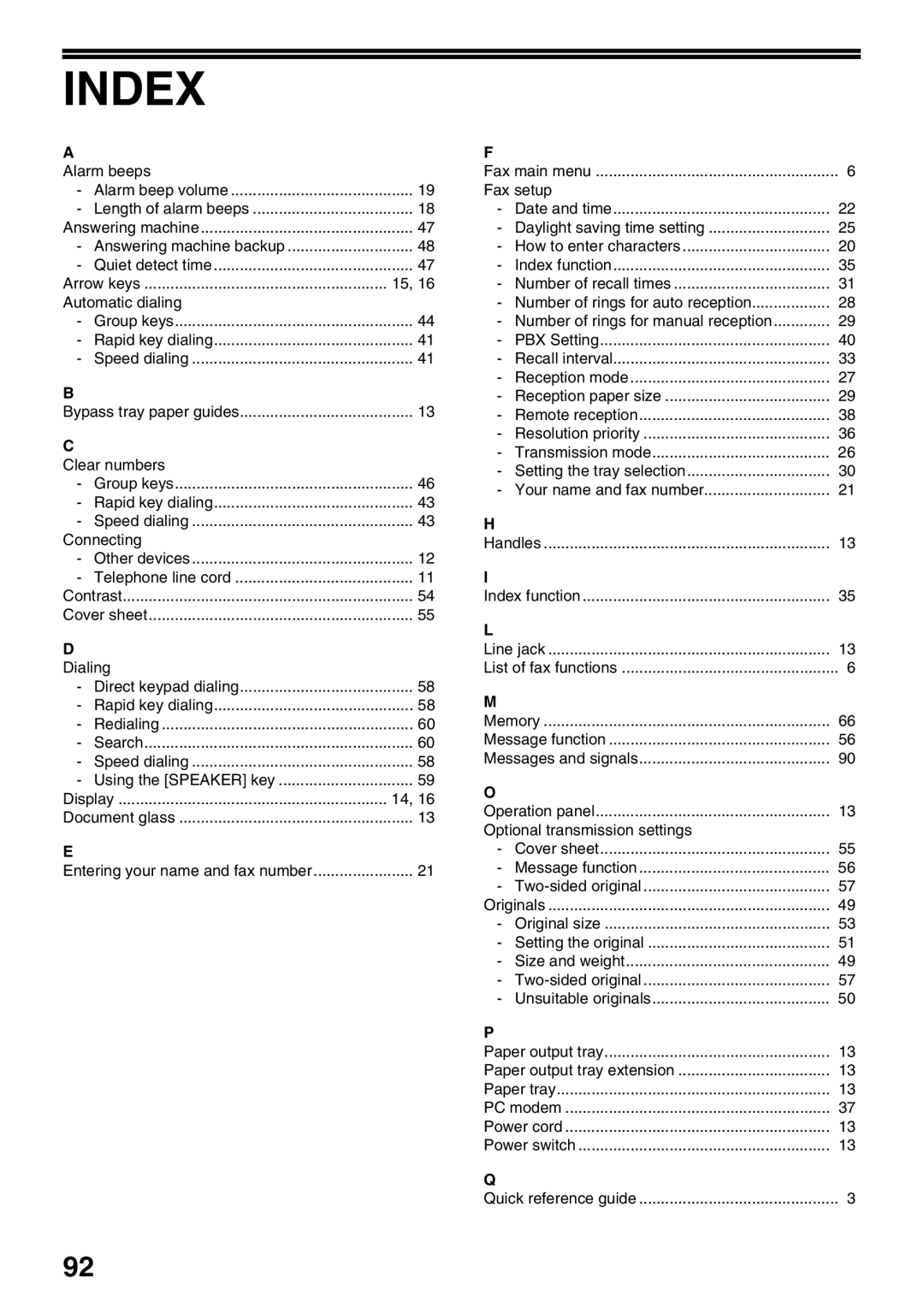 Sharp AR-FX9 manual Index 