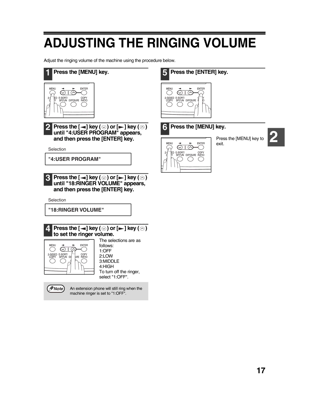 Sharp AR-FX9 appendix Adjusting the Ringing Volume, Press the Enter key Press the Menu key, Selections are as follows 