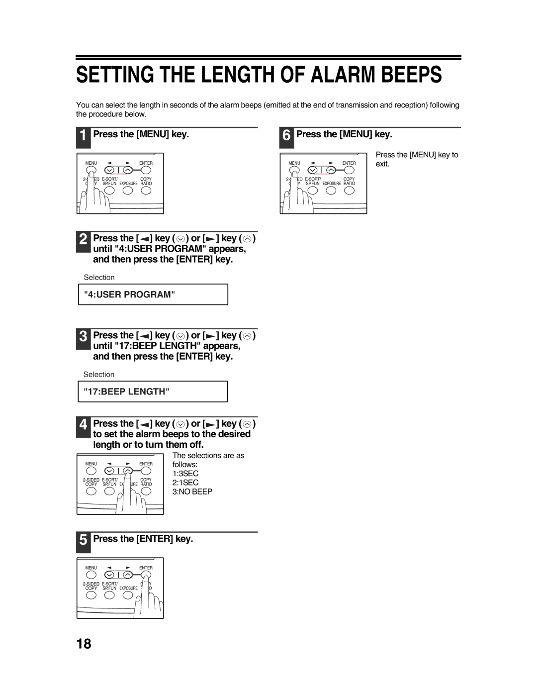 Sharp AR-FX9 appendix Setting the Length of Alarm Beeps, Length or to turn them off, Selections are as follows 13SEC 