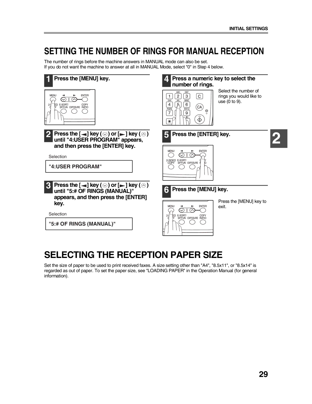 Sharp AR-FX9 appendix Selecting the Reception Paper Size, Setting the Number of Rings for Manual Reception 