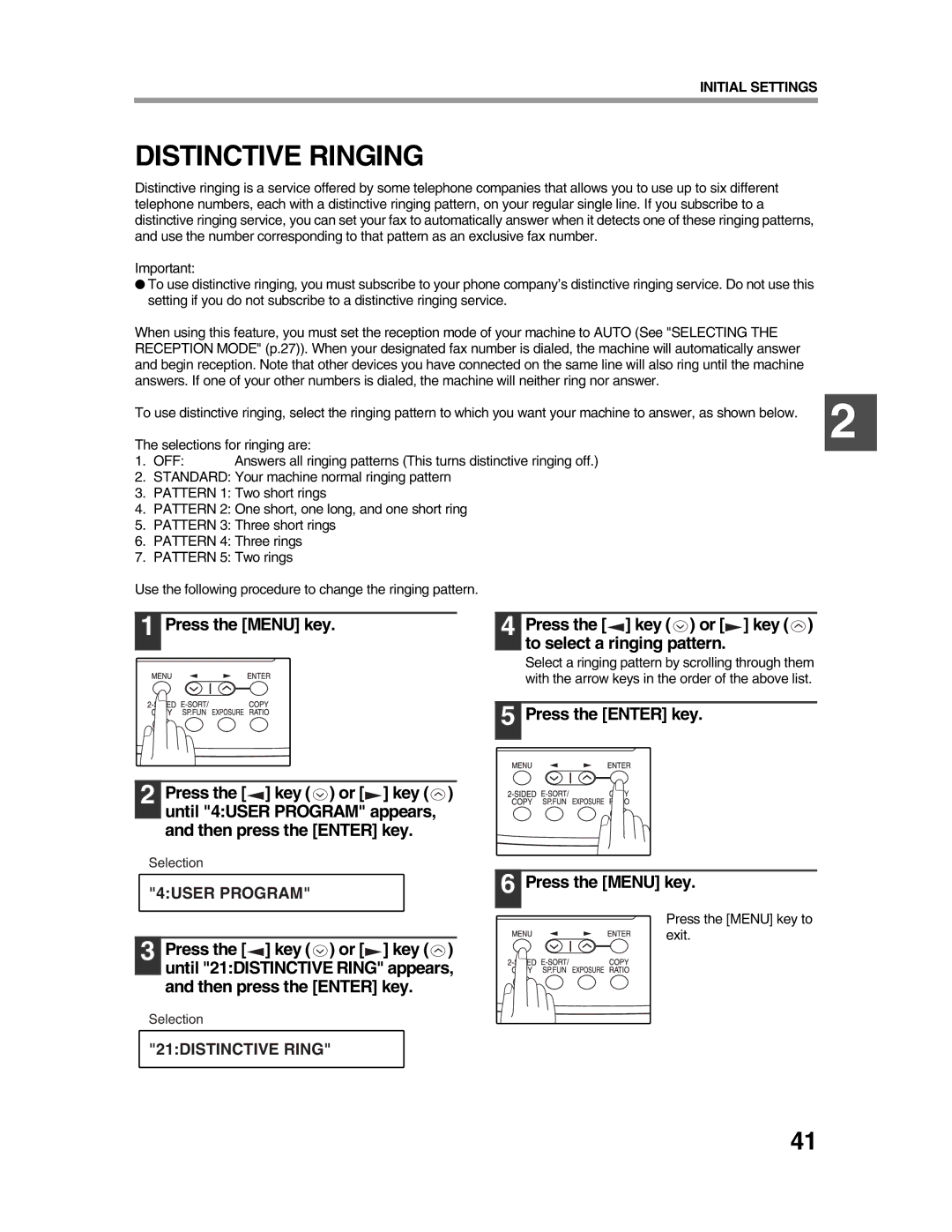 Sharp AR-FX9 appendix Distinctive Ringing, Press the key or key To select a ringing pattern, Selections for ringing are 