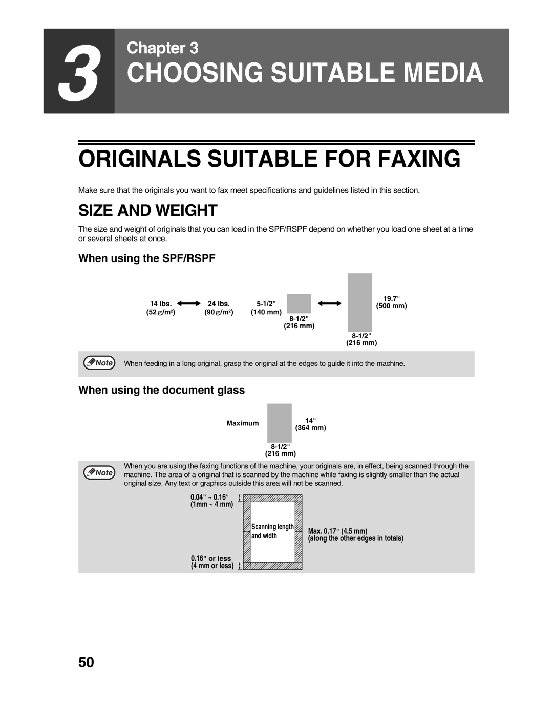 Sharp AR-FX9 Originals Suitable for Faxing, Size and Weight, When using the SPF/RSPF, When using the document glass 