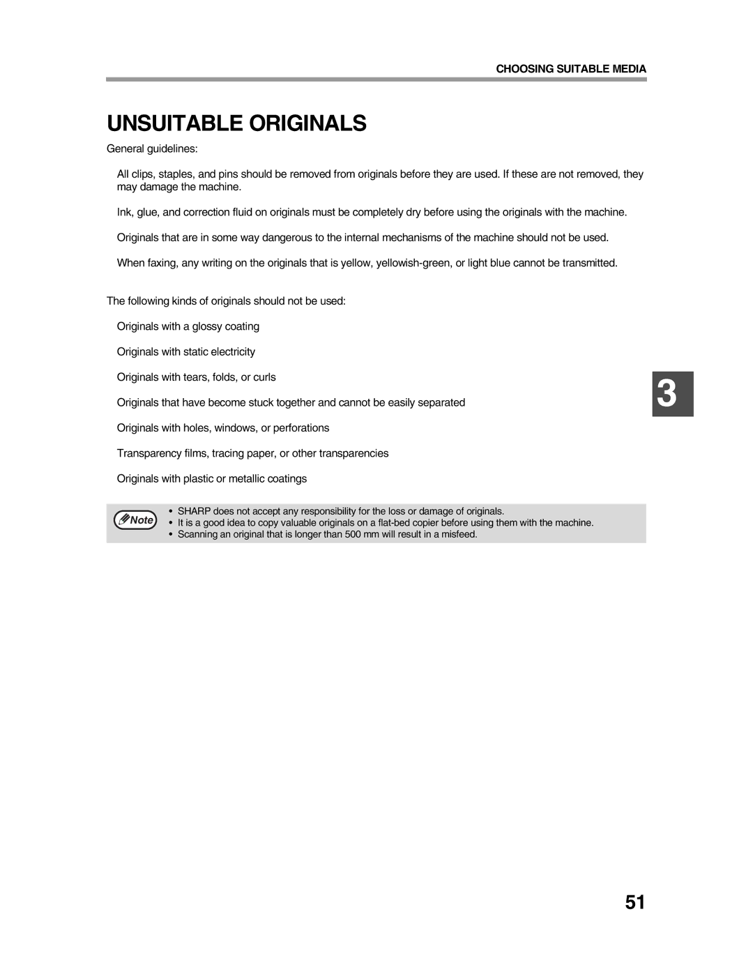 Sharp AR-FX9 appendix Unsuitable Originals 