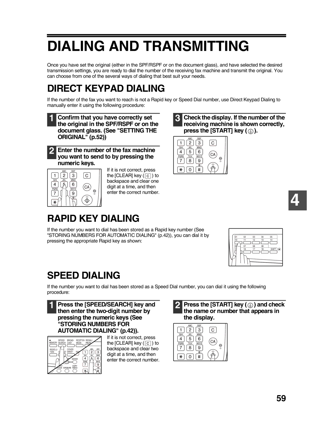 Sharp AR-FX9 appendix Dialing and Transmitting, Direct Keypad Dialing, Rapid KEY Dialing, Speed Dialing 