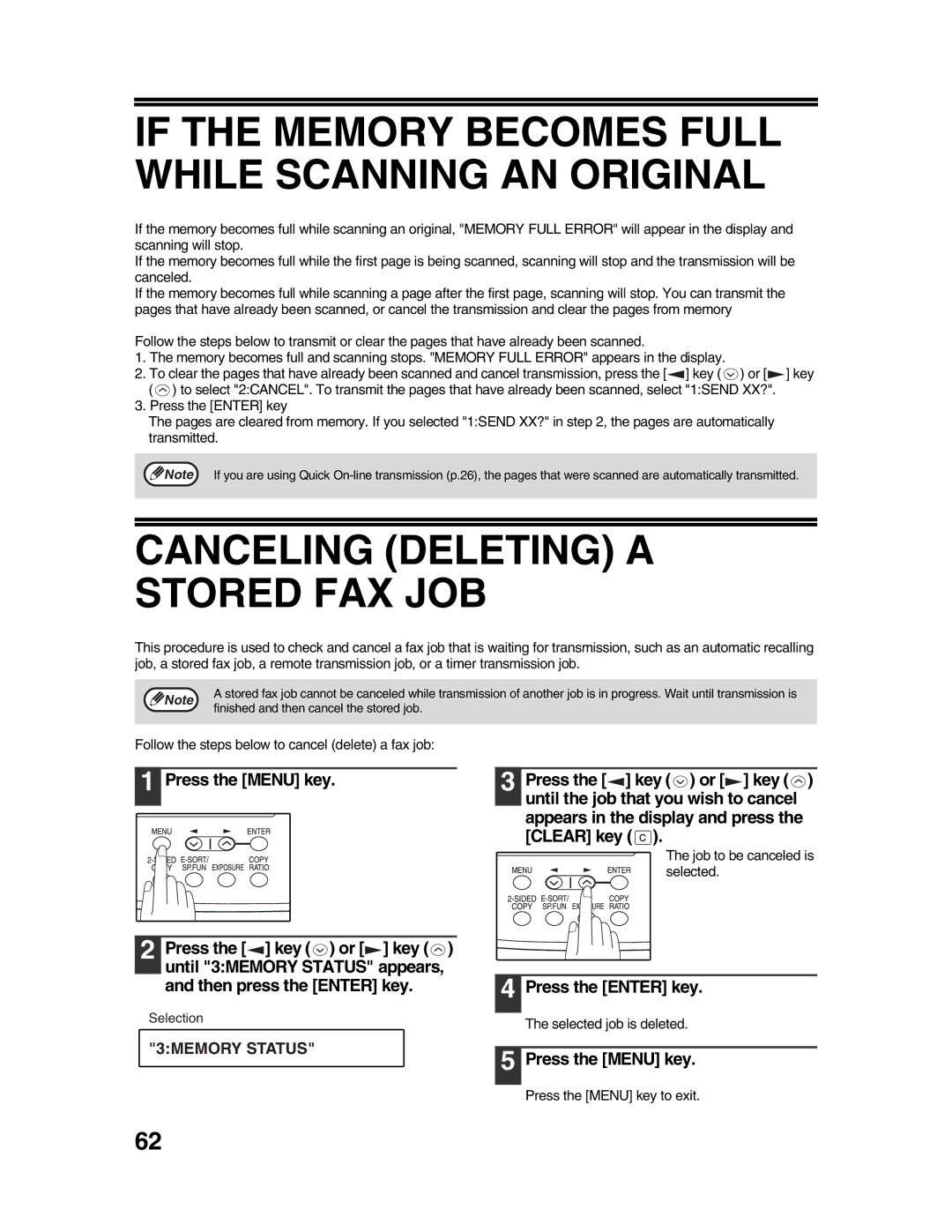 Sharp AR-FX9 appendix If the Memory Becomes Full While Scanning AN Original, Canceling Deleting a Stored FAX JOB, Clear key 