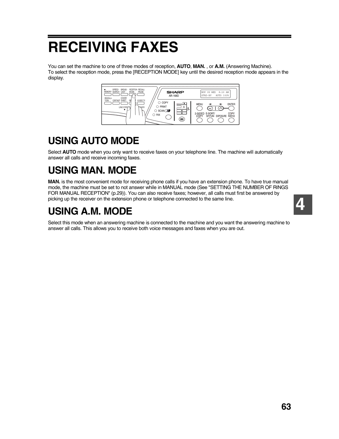 Sharp AR-FX9 appendix Receiving Faxes, Using Auto Mode, Using MAN. Mode, Using A.M. Mode 