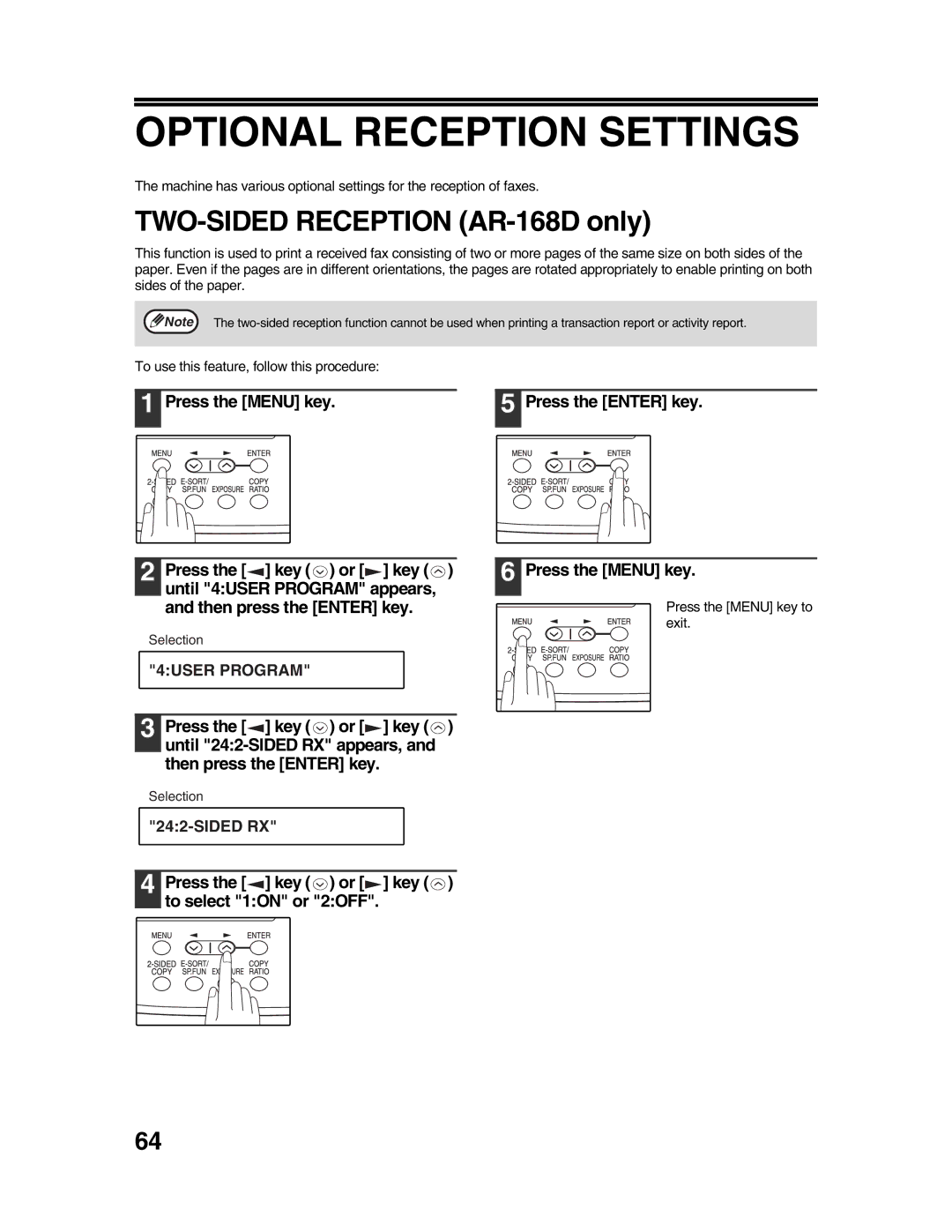 Sharp AR-FX9 appendix Optional Reception Settings, TWO-SIDED Reception AR-168D only 