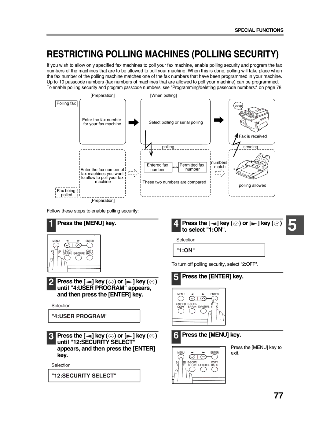 Sharp AR-FX9 appendix Restricting Polling Machines Polling Security, Press the Menu key Press the key or Key To select 1ON 