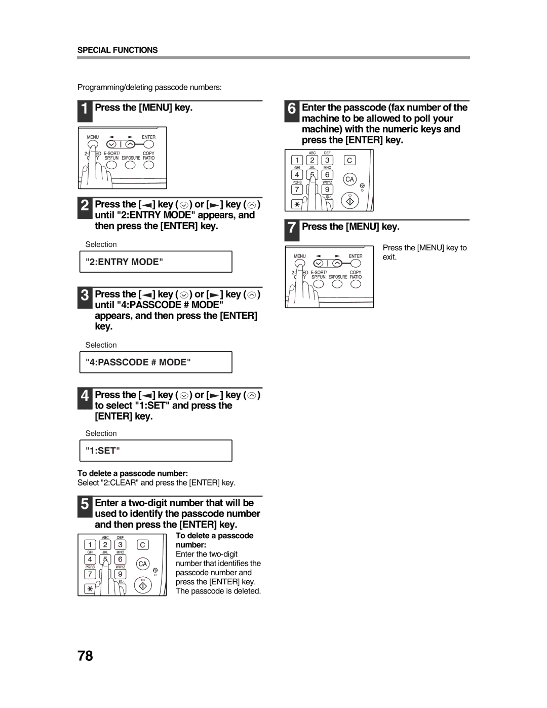 Sharp AR-FX9 appendix Programming/deleting passcode numbers, Select 2CLEAR and press the Enter key 