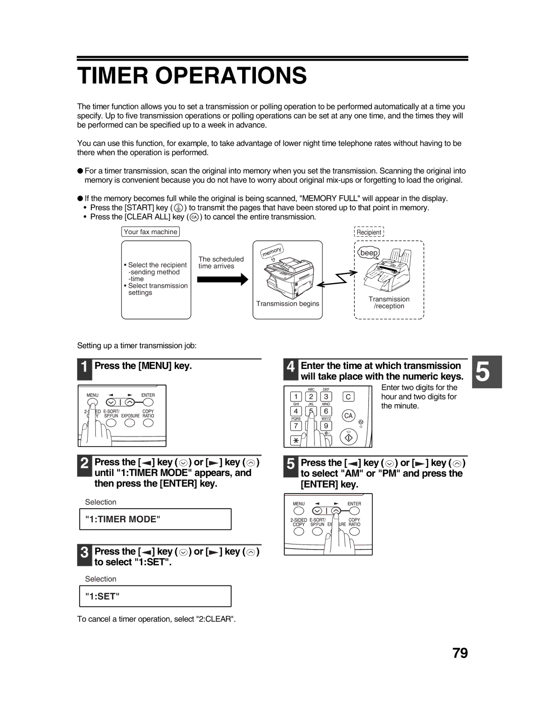 Sharp AR-FX9 appendix Timer Operations, Press the key or key to select 1SET, Setting up a timer transmission job 