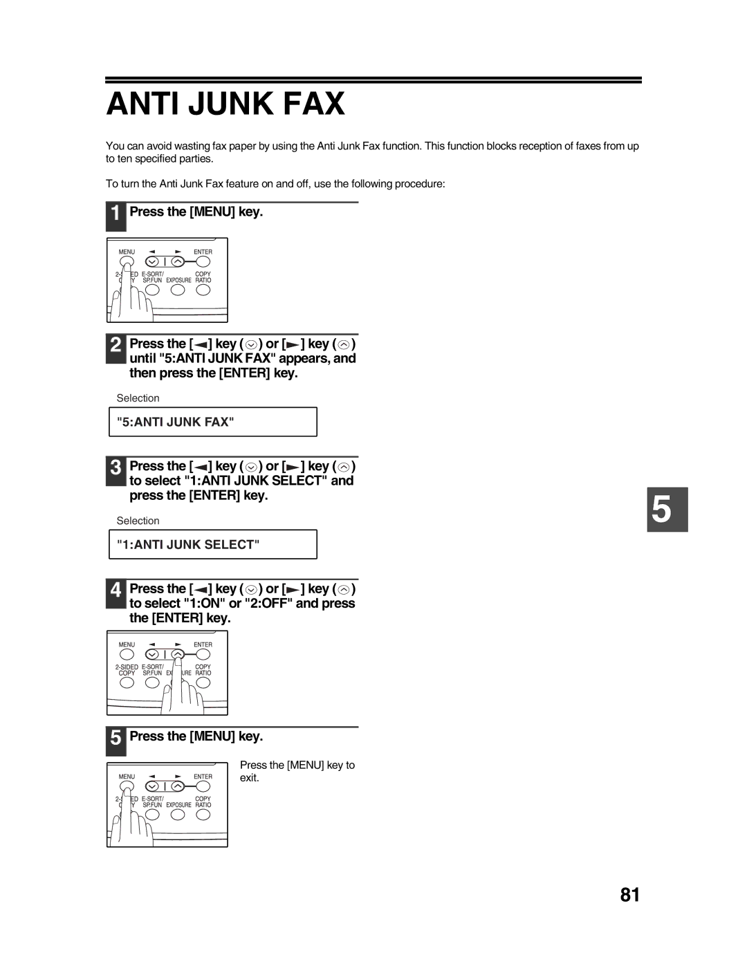 Sharp AR-FX9 appendix Anti Junk FAX, Press the Menu key to exit 