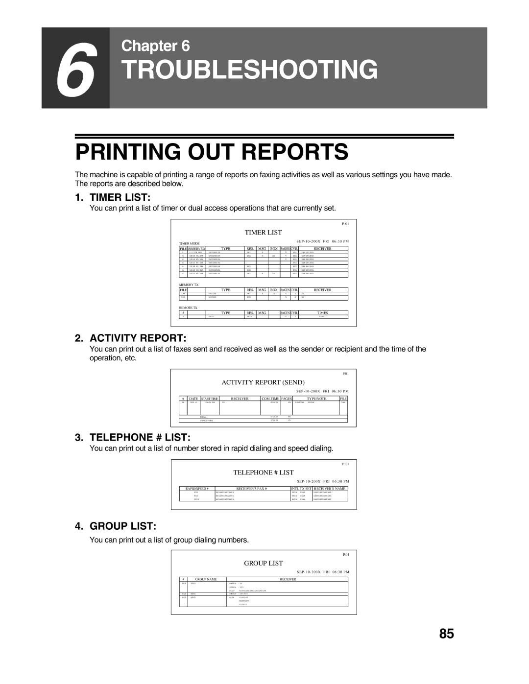 Sharp AR-FX9 appendix Printing OUT Reports, You can print out a list of group dialing numbers 