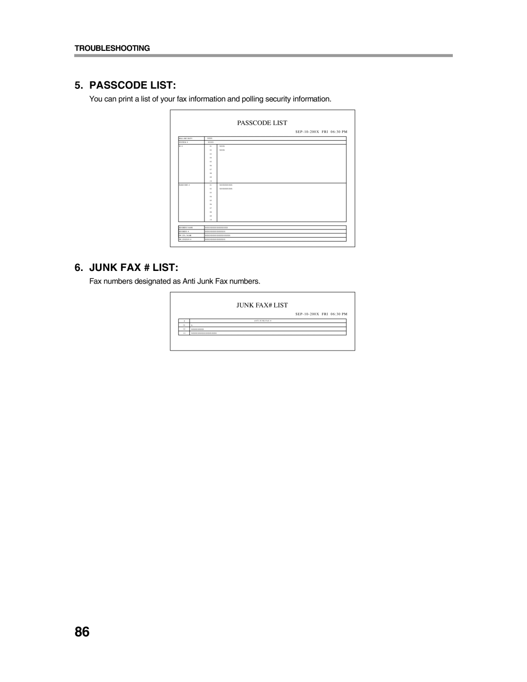 Sharp AR-FX9 appendix Passcode List, Fax numbers designated as Anti Junk Fax numbers 