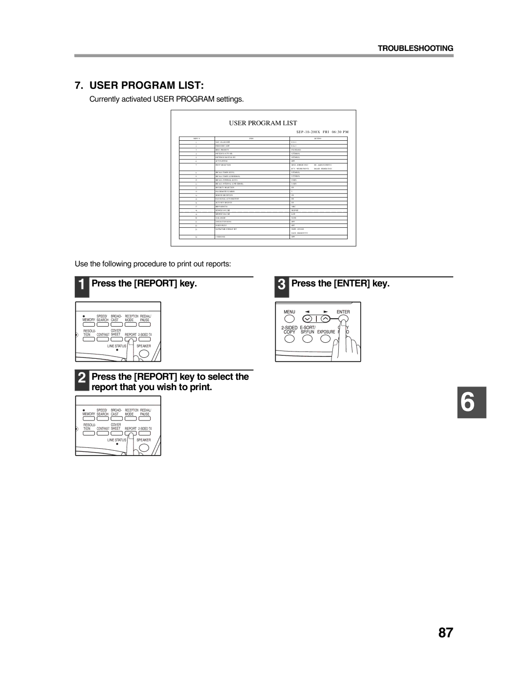 Sharp AR-FX9 appendix Currently activated User Program settings, Use the following procedure to print out reports 