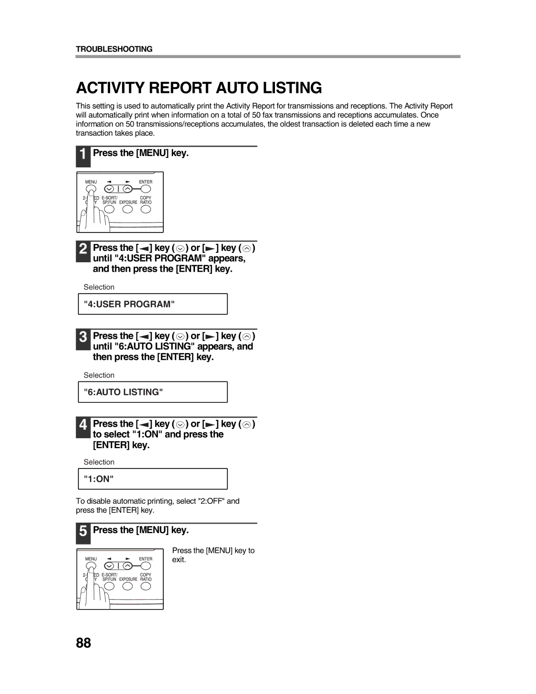 Sharp AR-FX9 appendix Activity Report Auto Listing, Press the key or key to select 1ON and press the Enter key 