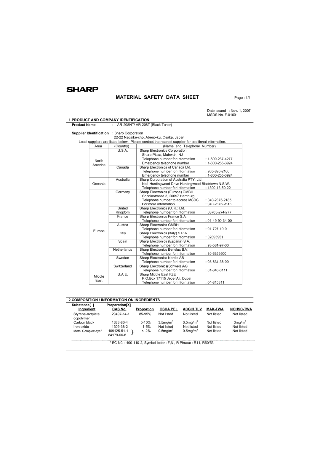 Sharp AR-M200 operation manual Material Safety Data Sheet 