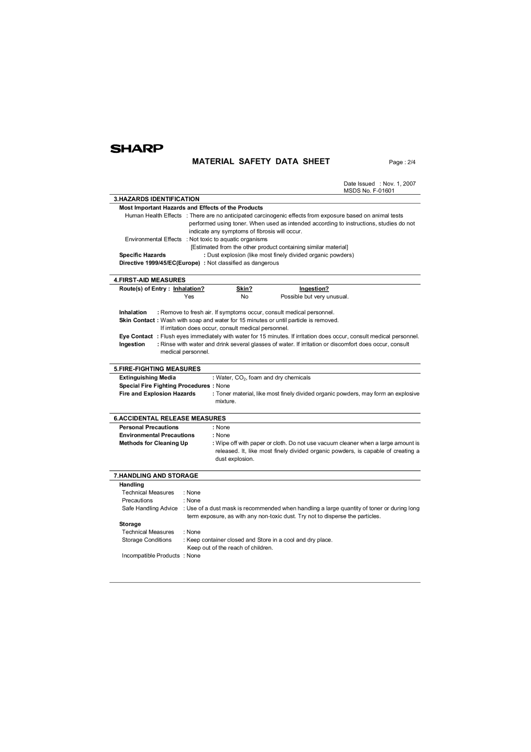 Sharp AR-M200 operation manual Hazards Identification 